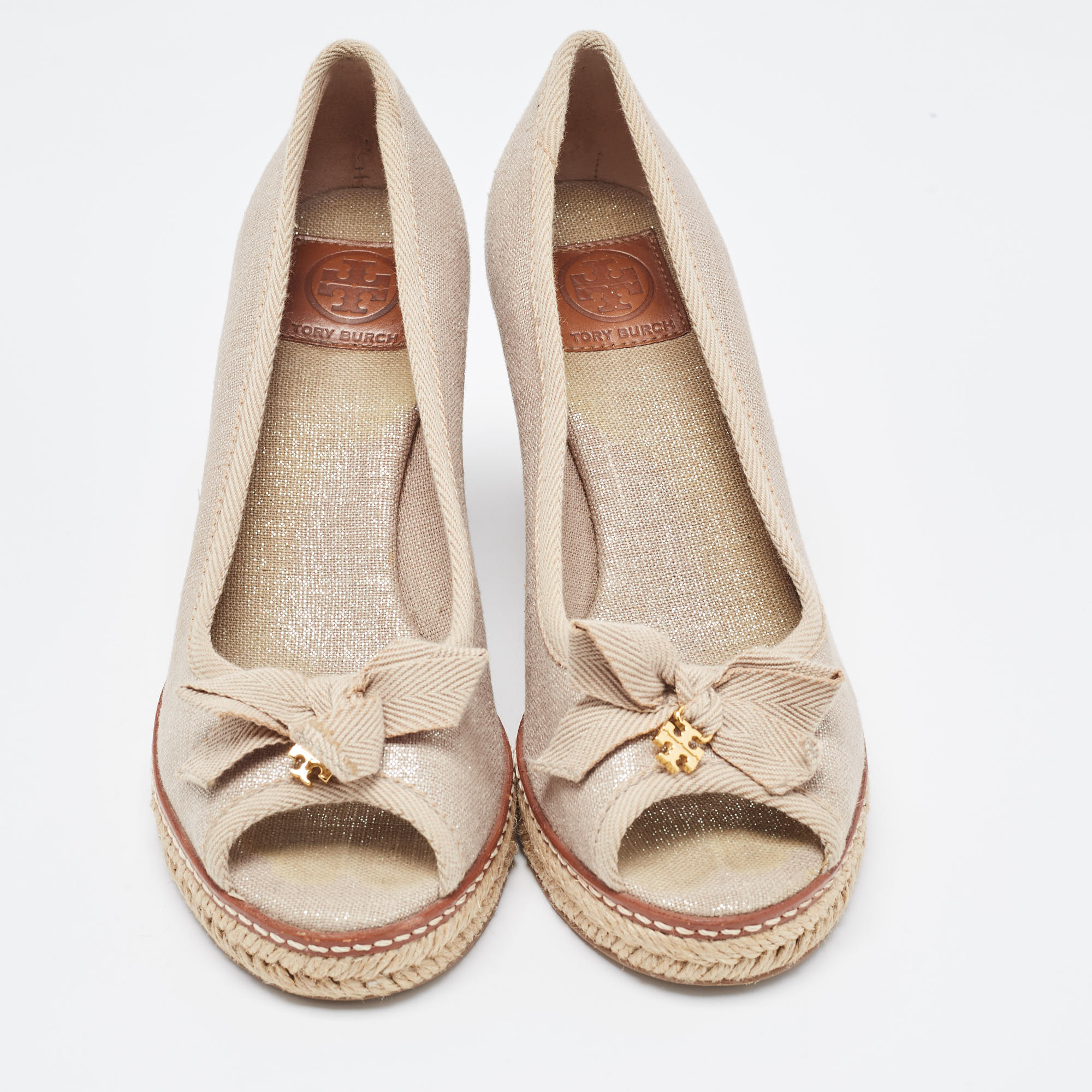 Tory Burch Grey Canvas Jackie Bow Espadrille Wedge Pumps Size 37