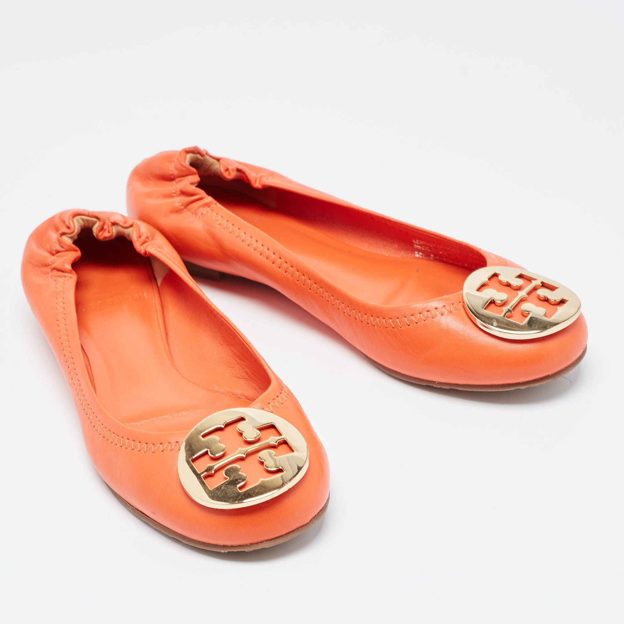 Tory Burch Orange Leather Minnie Scrunch Ballet Flats Size 36.5