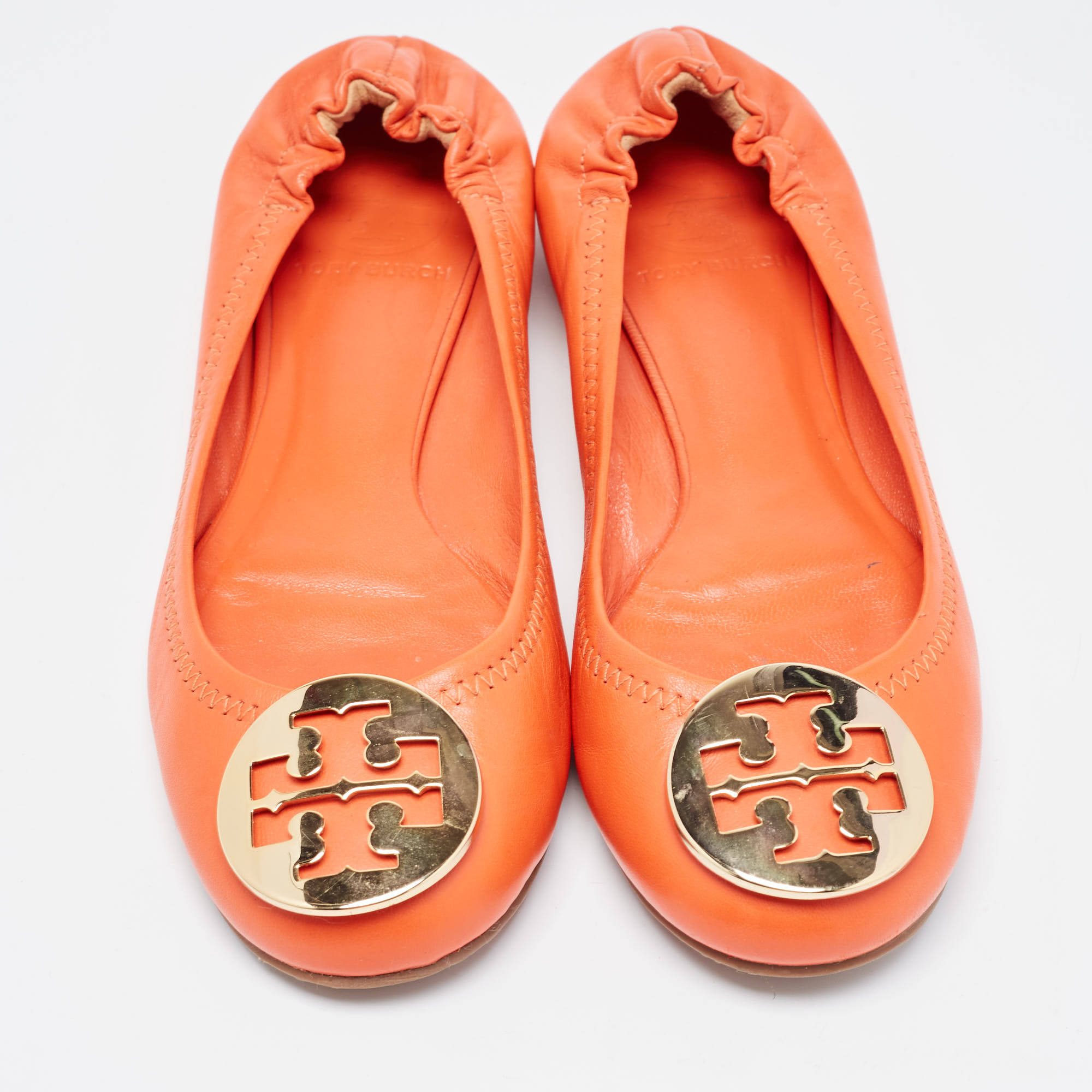 Tory Burch Orange Leather Minnie Scrunch Ballet Flats Size 36.5