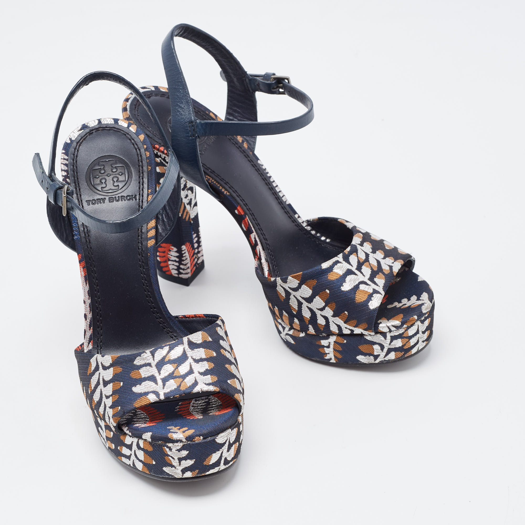 Tory Burch Navy Blue Leather And Brocade Fabric Platform Ankle Strap Sandals Size 36.5
