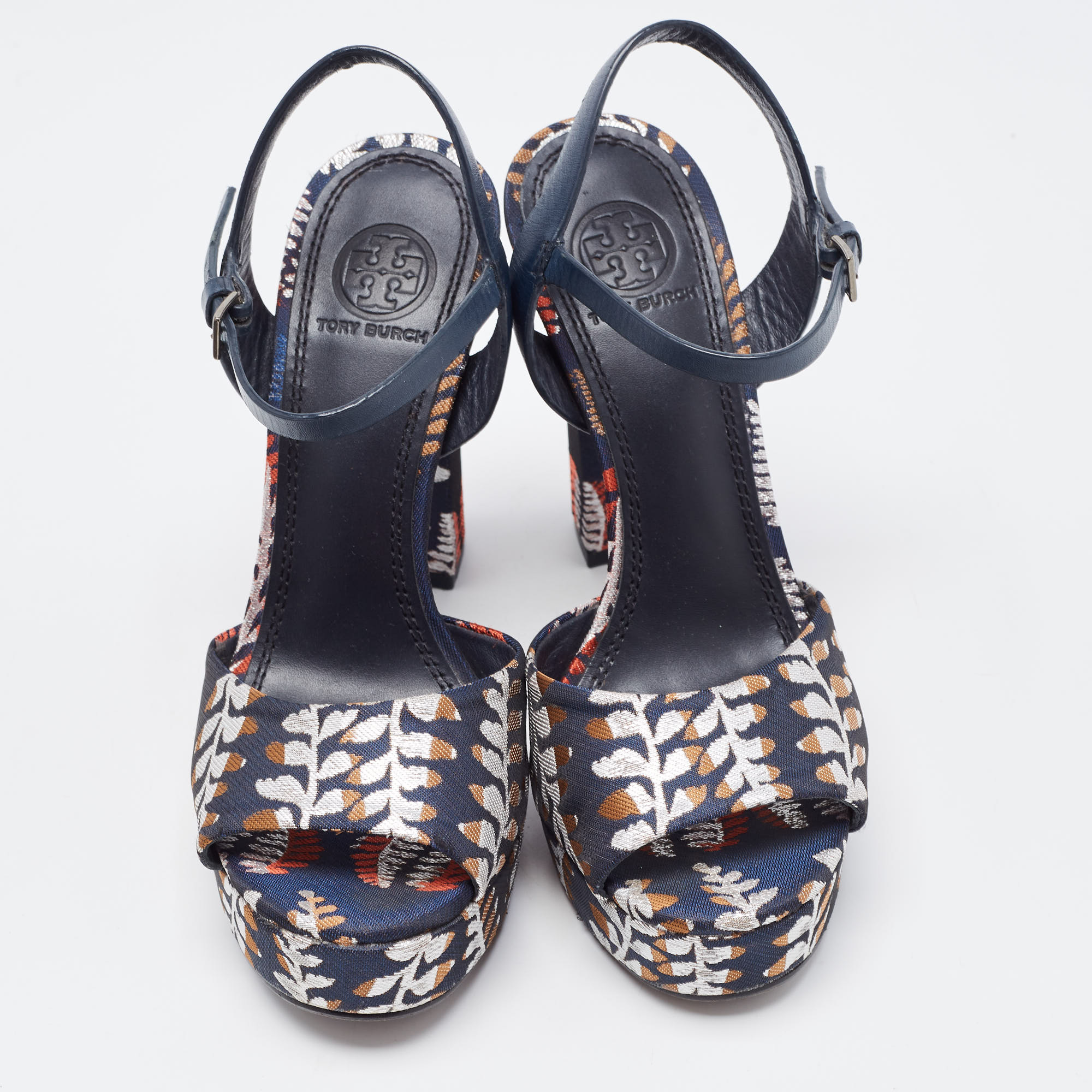 Tory Burch Navy Blue Leather And Brocade Fabric Platform Ankle Strap Sandals Size 36.5