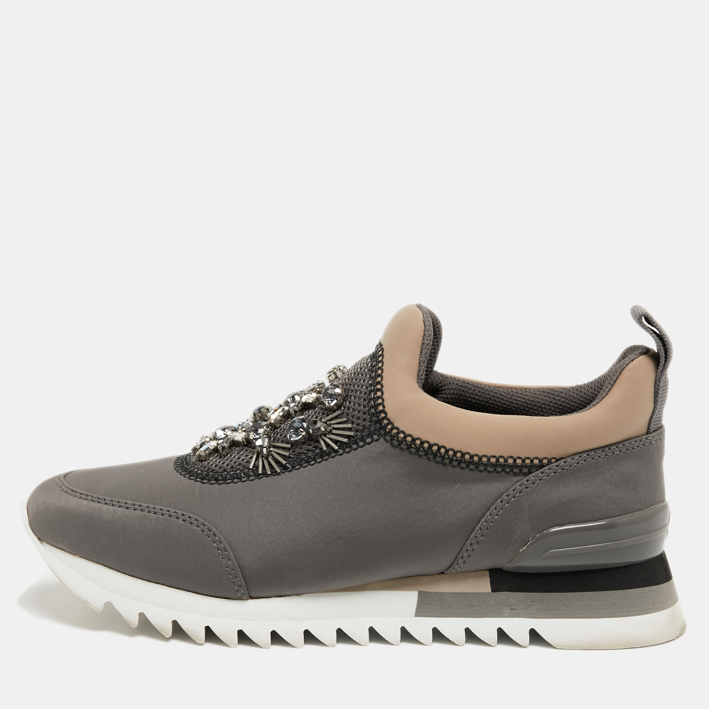 Tory Burch Grey/Beige Neoprene And Mesh Storm Cloud Crystal Embellished  Slip On Sneakers Size 38