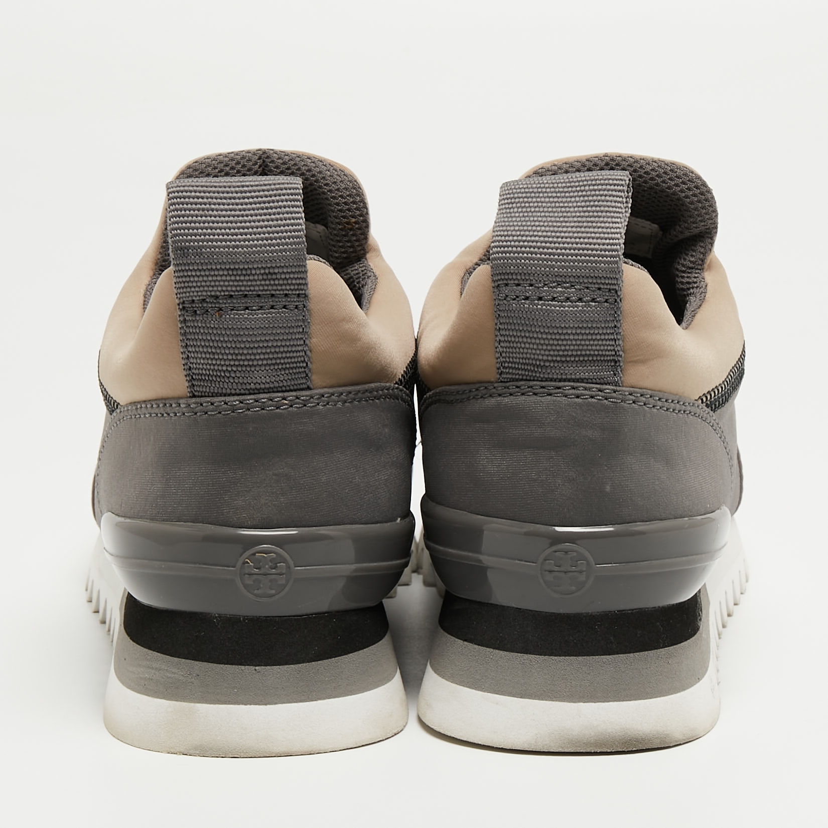 Tory Burch Grey/Beige Neoprene And Mesh Storm Cloud Crystal Embellished  Slip On Sneakers Size 38