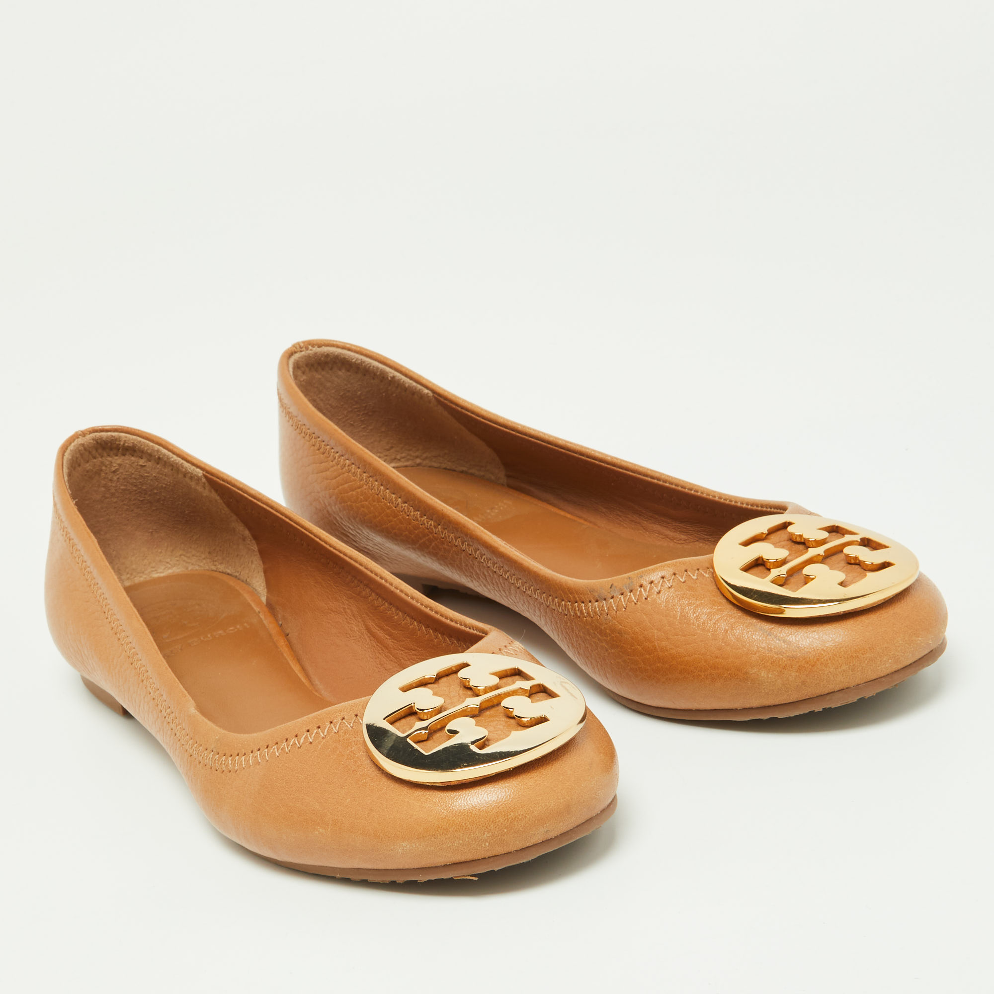 Tory Burch Brown Leather Reva Pebbled Ballet Flats Size 35.5