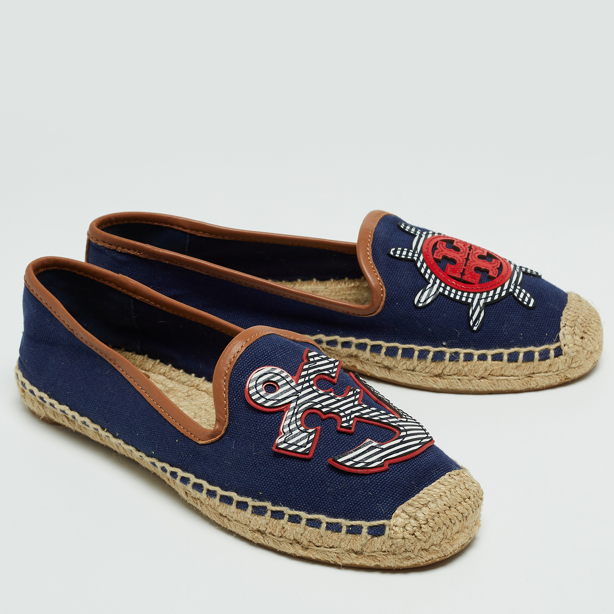 Tory Burch Navy Blue Canvas And Leather Espadrilles Flats Size 38