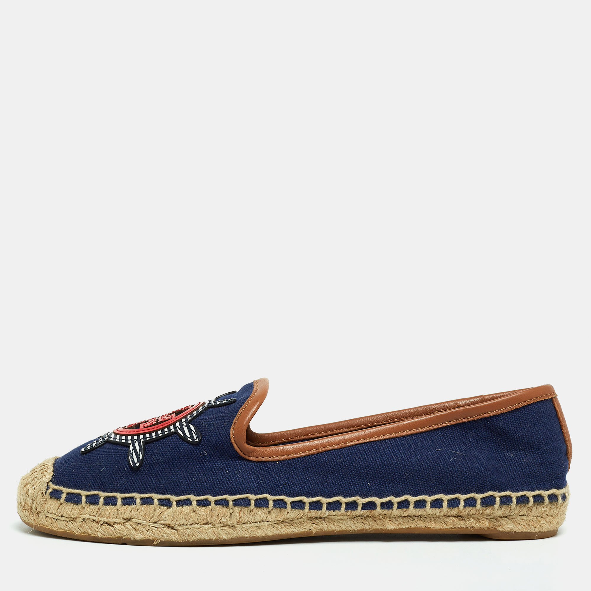 Tory Burch Navy Blue Canvas And Leather Espadrilles Flats Size 38