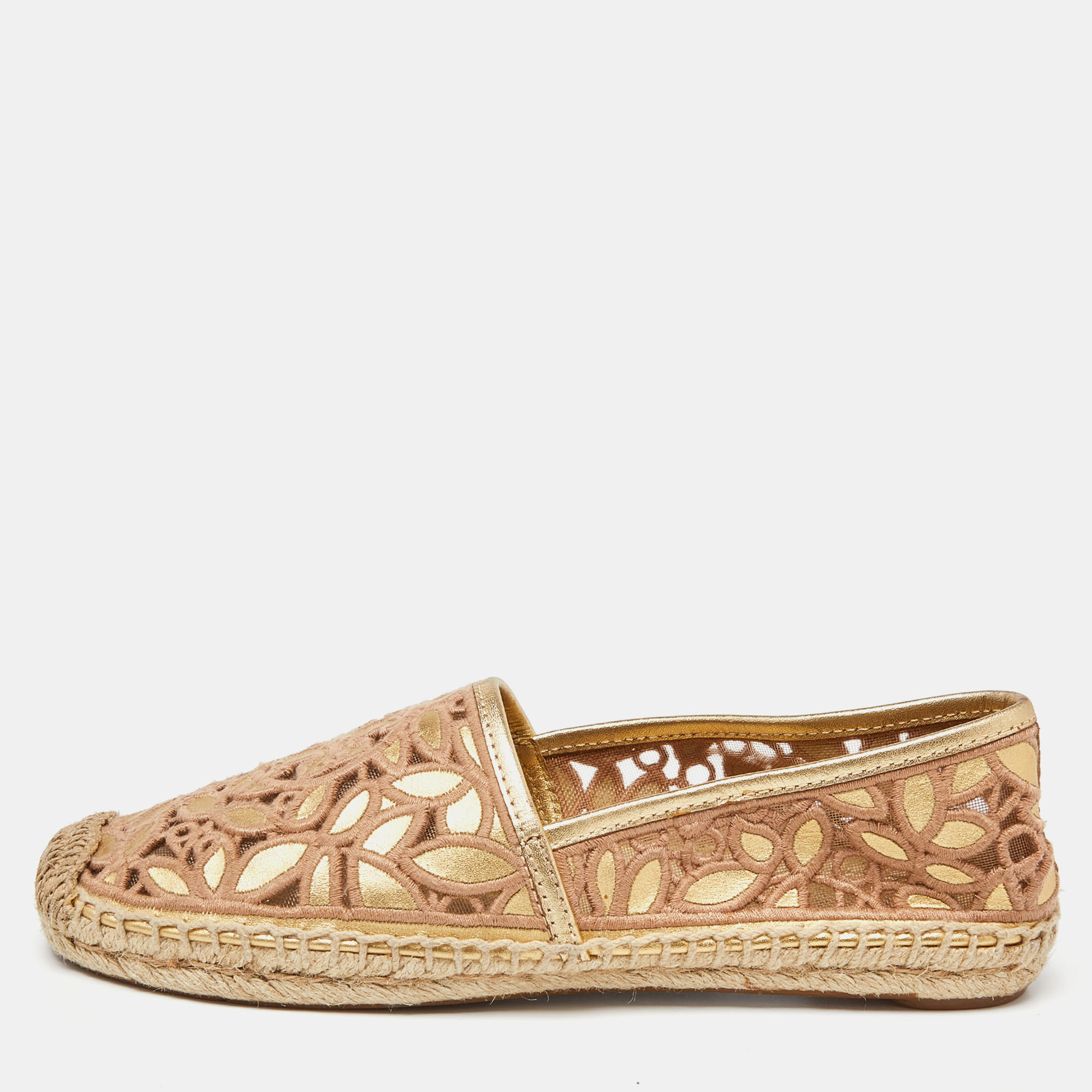 Tory Burch Beige/Gold Lace And Leather Espadrille Flats Size 36.5