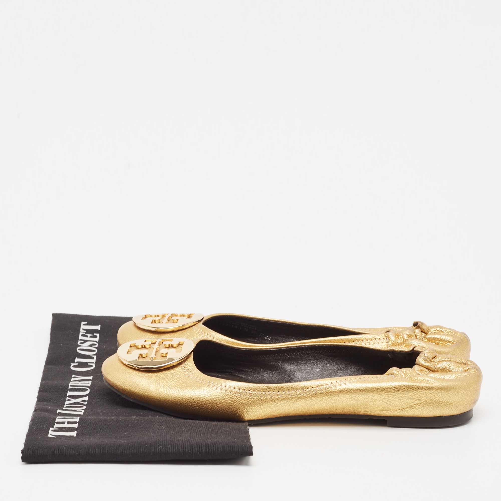 Tory Burch Gold Leather Reva Scrunch Ballet Flats Size 38.5