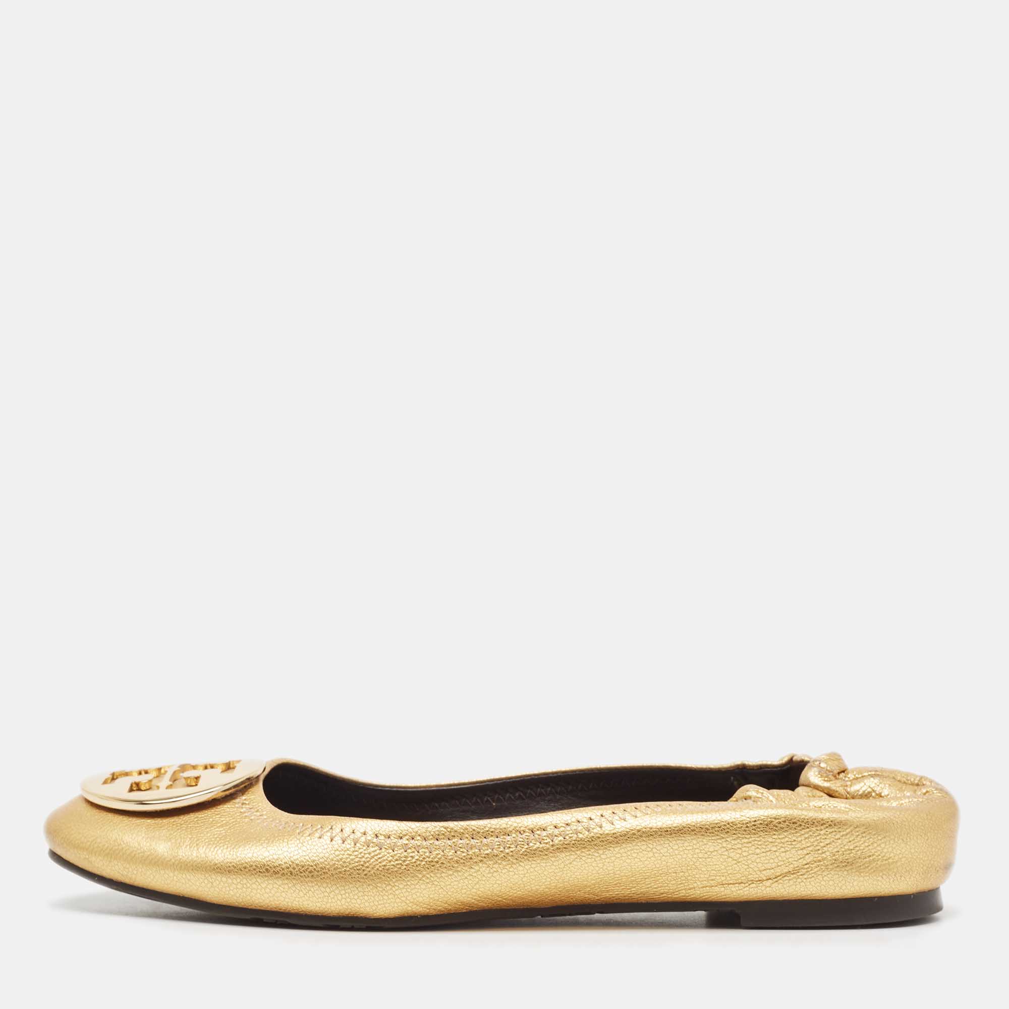 Tory burch gold leather reva scrunch ballet flats size 38.5