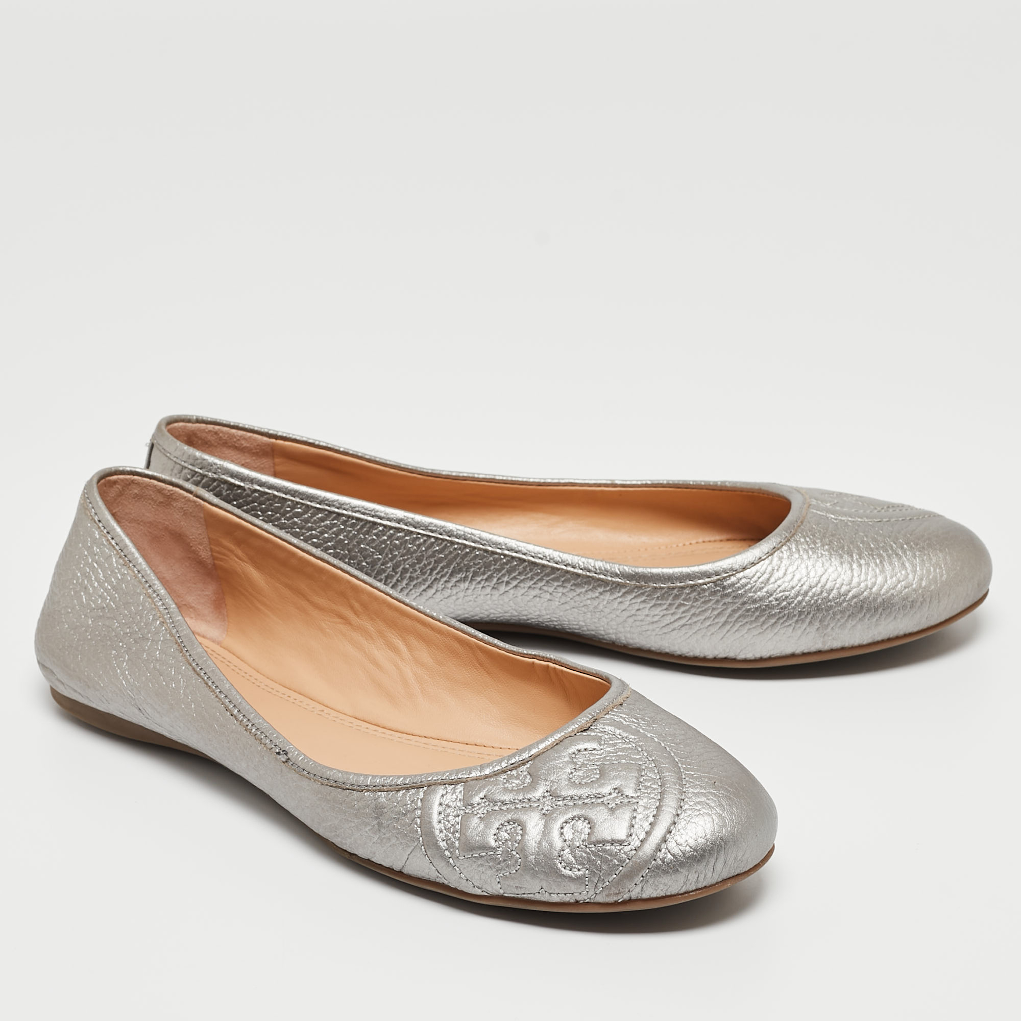 Tory Burch Silver Leather Lowell Ballet Flats Size 38