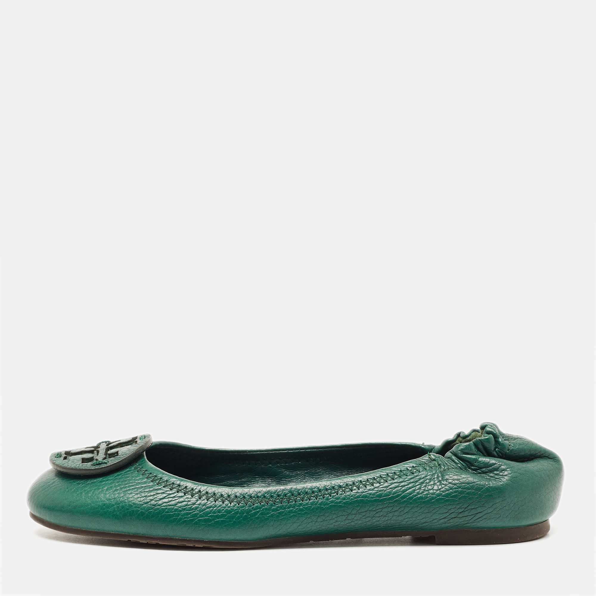 Tory Burch Green Leather Minnie Travel Ballet Flats Size 37.5