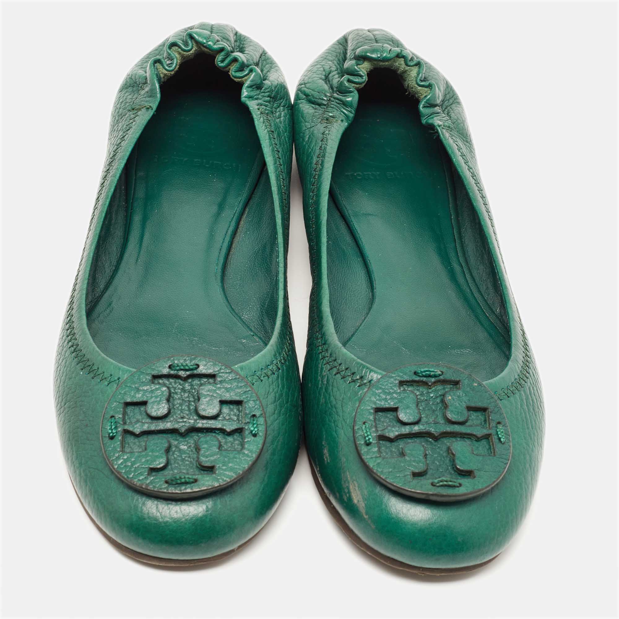 Tory Burch Green Leather Minnie Travel Ballet Flats Size 37.5
