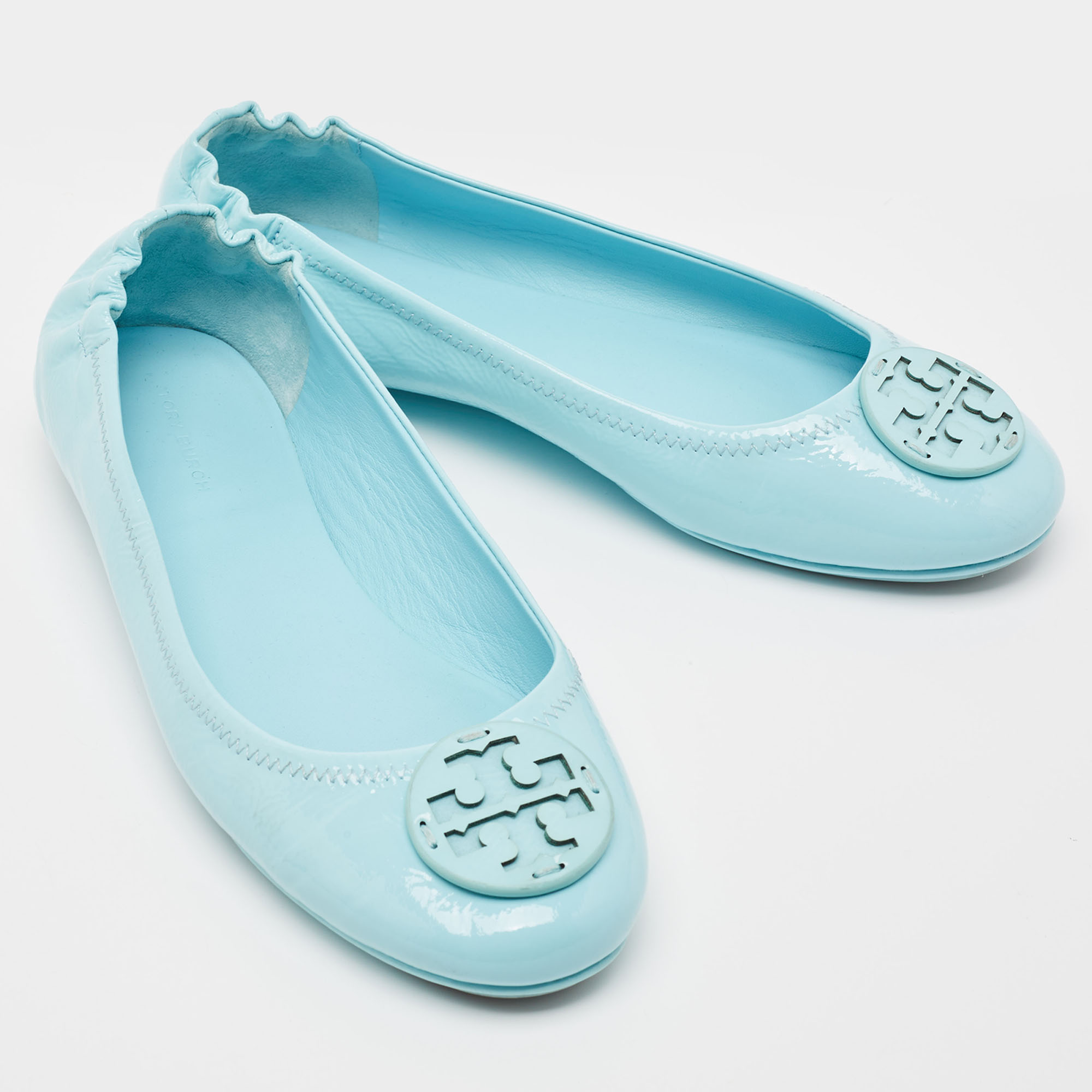 Tory Burch Blue Patent Leather Minnie Travel Ballet Flats Size 39