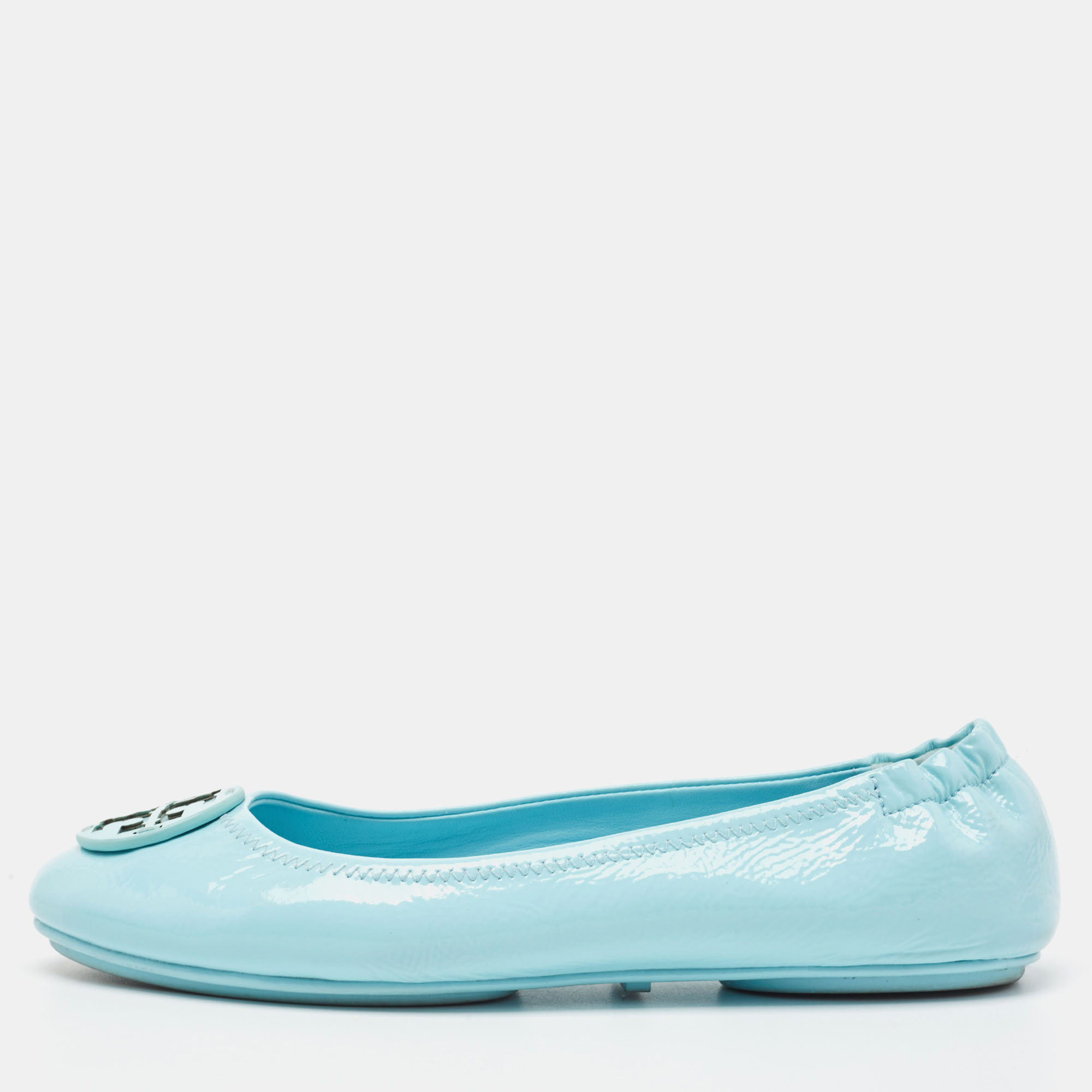 Tory Burch Blue Patent Leather Minnie Travel Ballet Flats Size 39