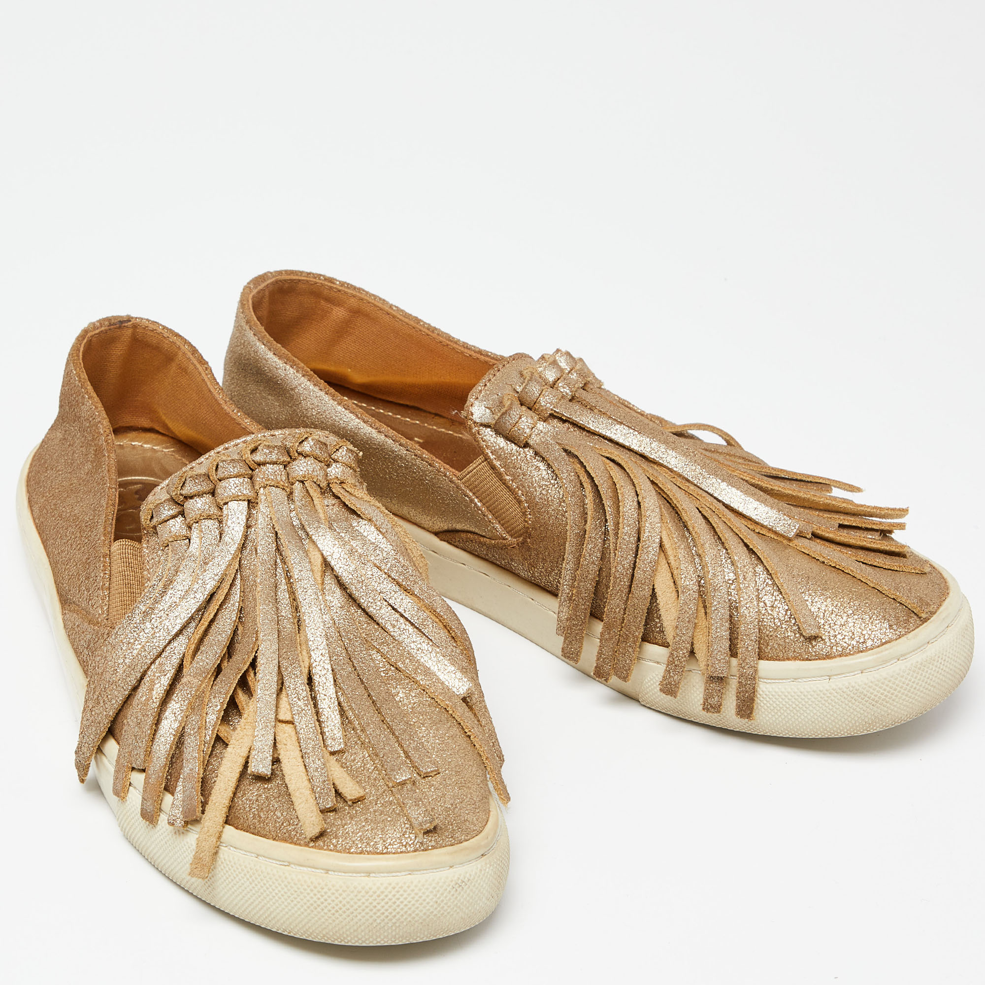 Tory Burch Gold Textured Suede Fringe Detail Slip On Sneakers Size 37.5