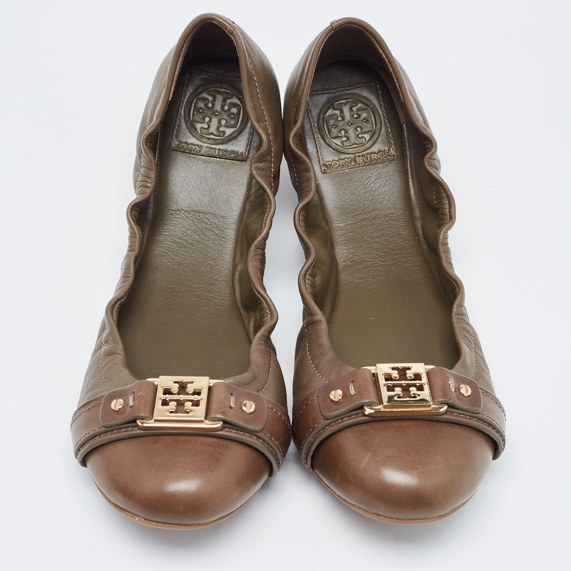 Tory Burch Brown Leather Ambrose Scrunch Ballet Flats Size 40