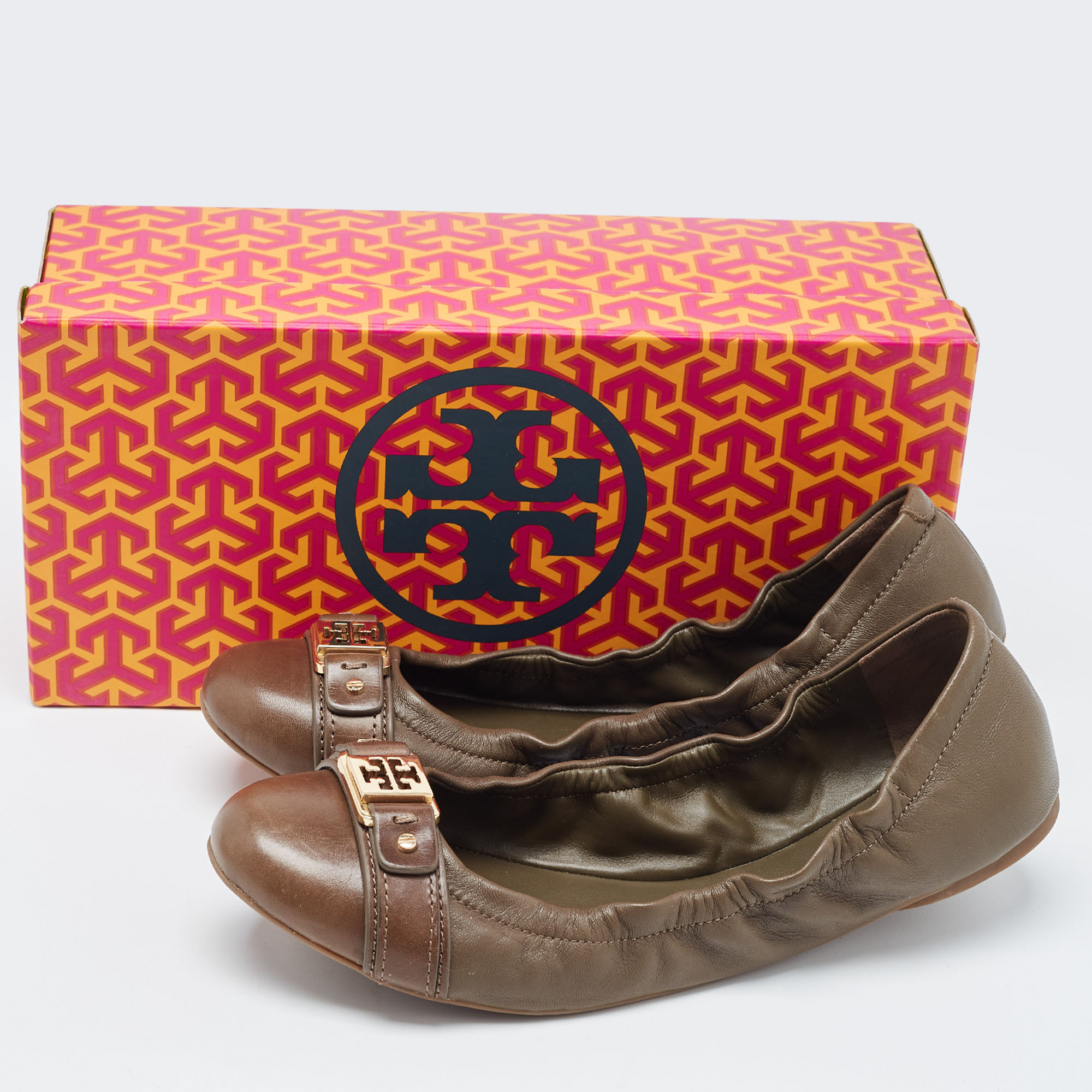 Tory Burch Brown Leather Ambrose Scrunch Ballet Flats Size 40