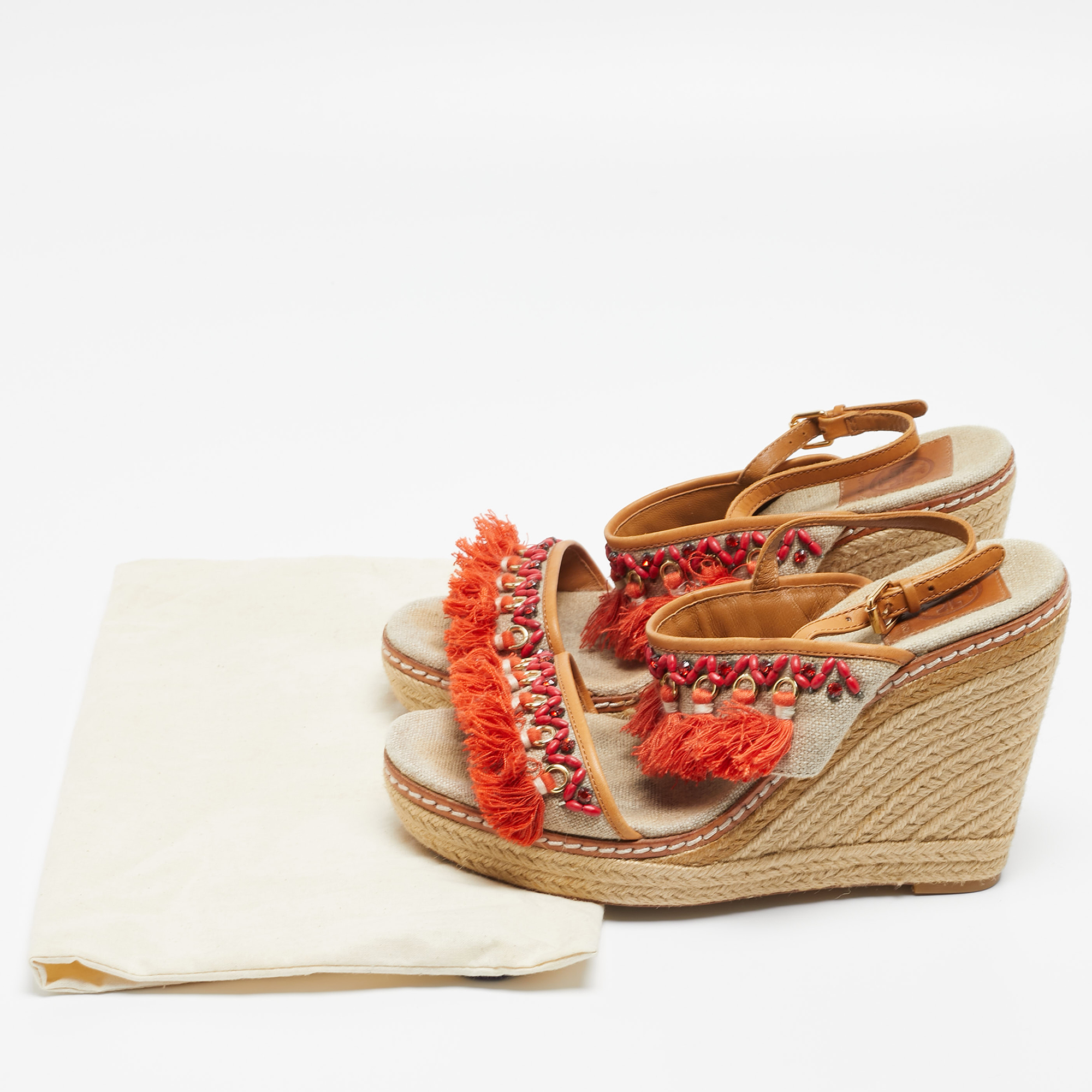 Tory Burch Beige/Orange Canvas And Leather Niyah Espadrille Wedge Sandals Size 40