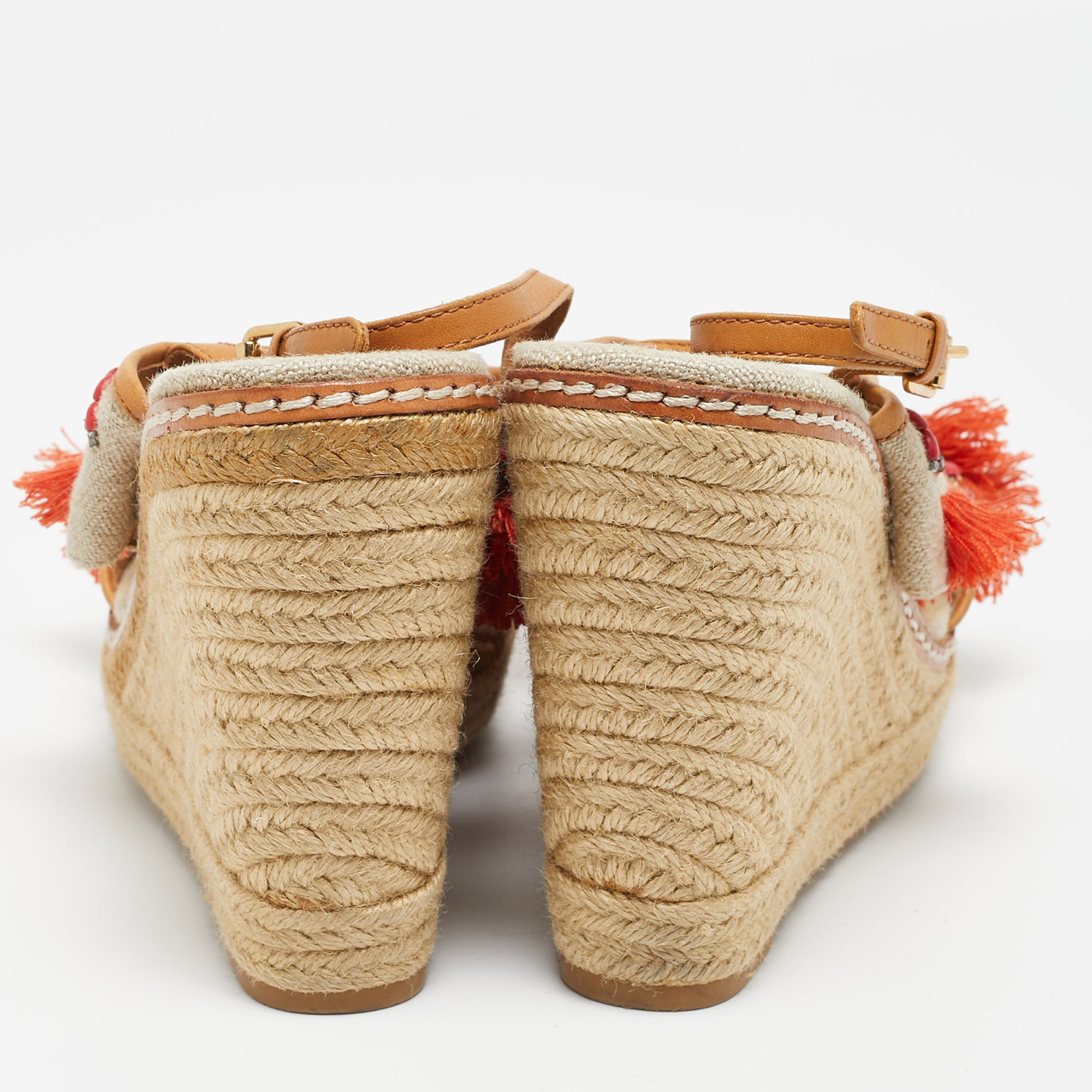 Tory Burch Beige/Orange Canvas And Leather Niyah Espadrille Wedge Sandals Size 40