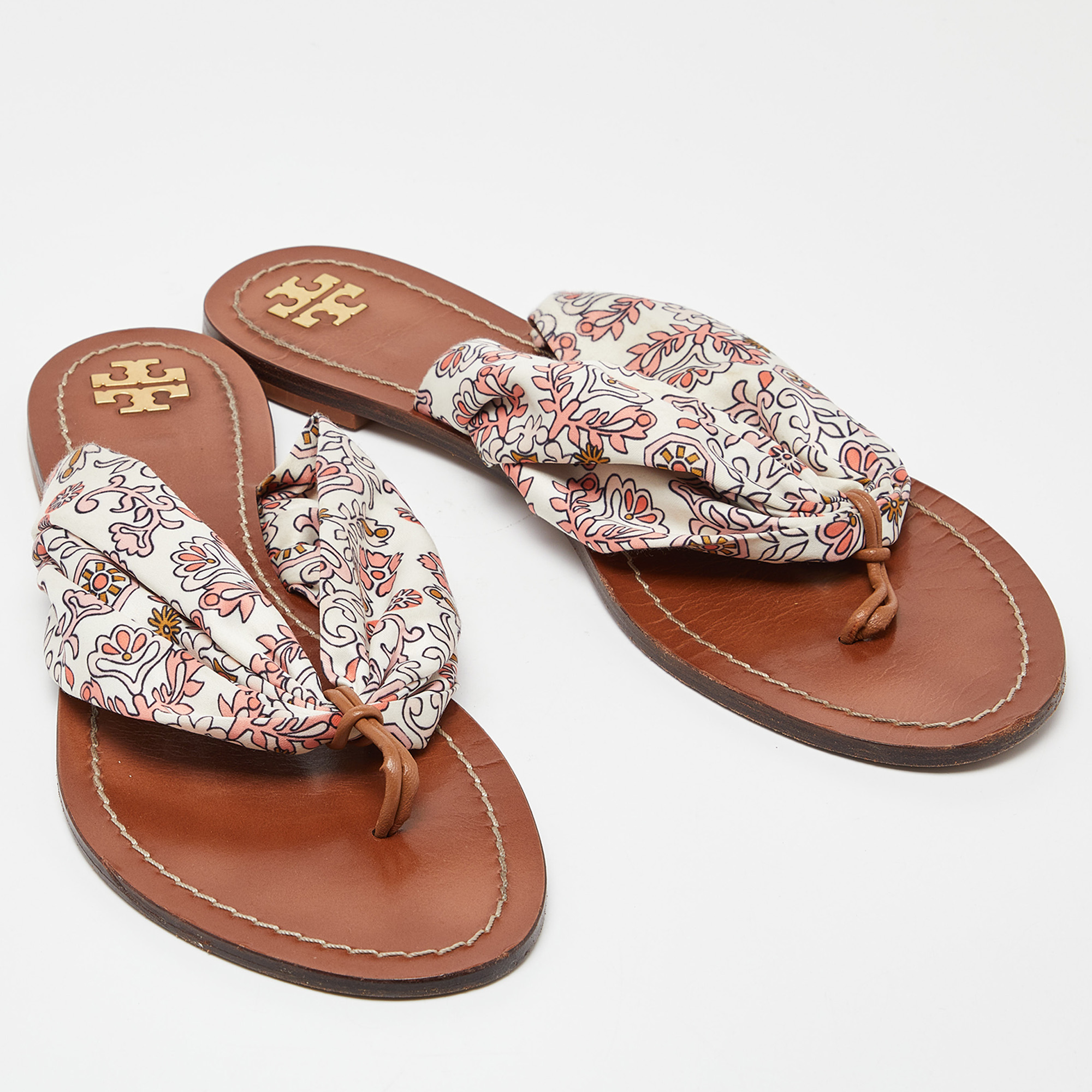 Tory Burch Multicolor Print Satin Carson Thong Sandals Size 41