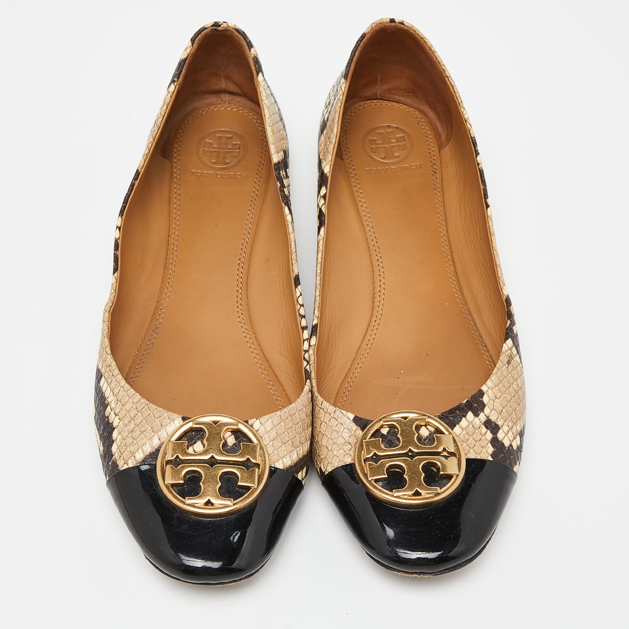 Tory Burch Beige/Brown Python Embossed Leather And Patent Leather Chelsea Ballet Flats Size 41