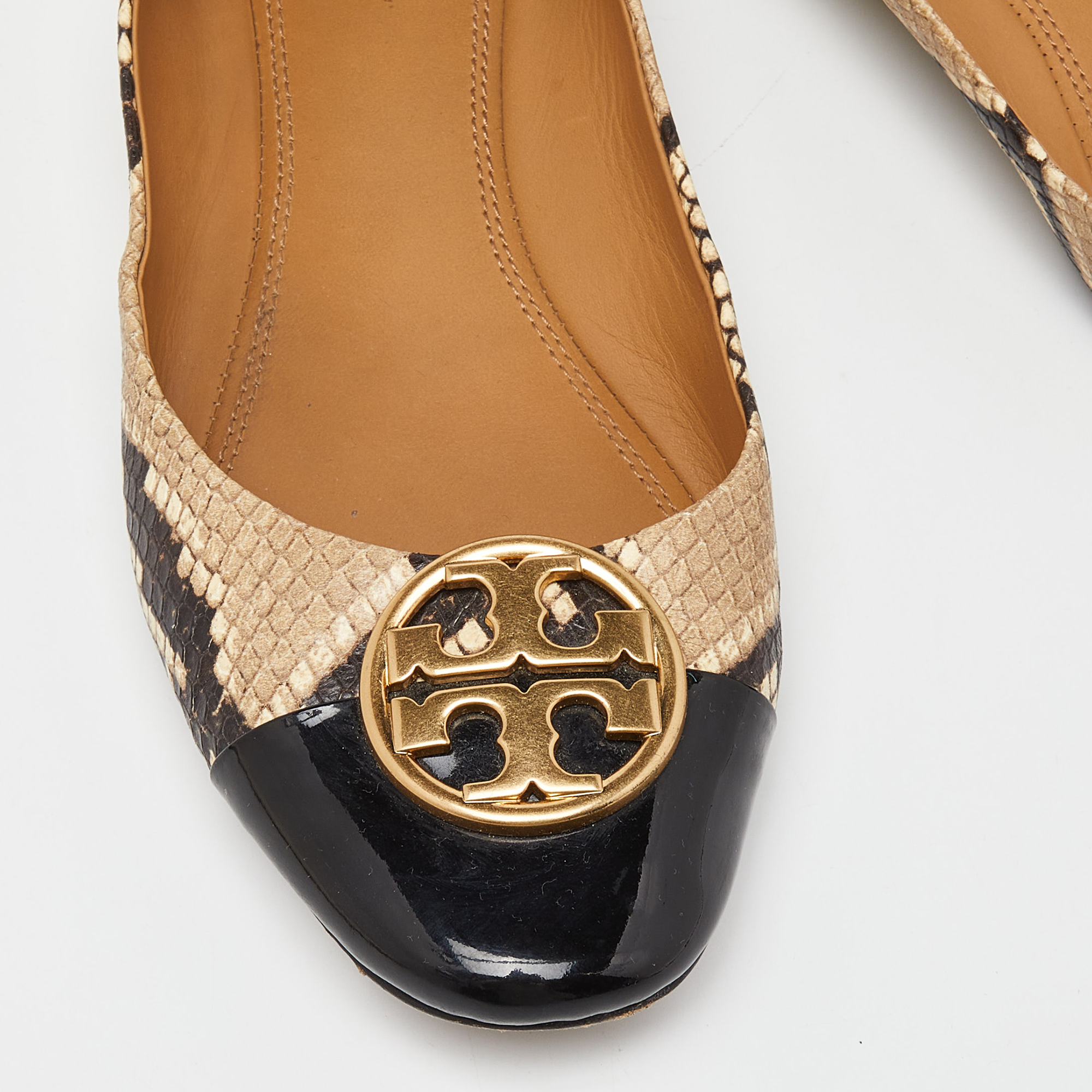 Tory Burch Beige/Brown Python Embossed Leather And Patent Leather Chelsea Ballet Flats Size 41