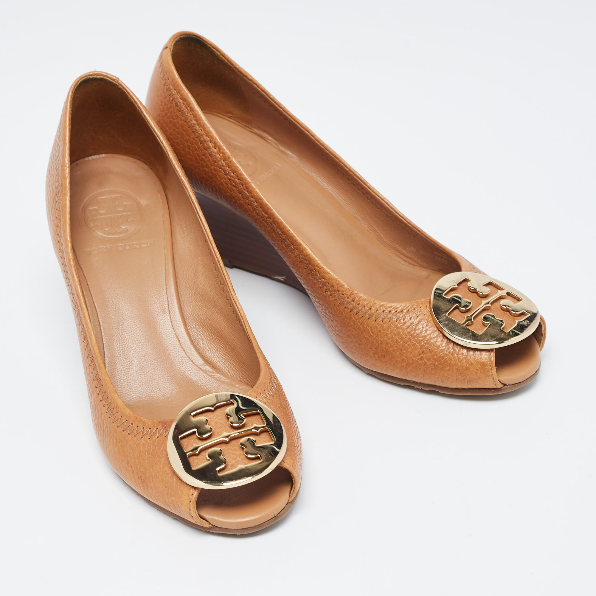 Tory Burch Tan Leather Sally Wedge Pumps Size 36.5