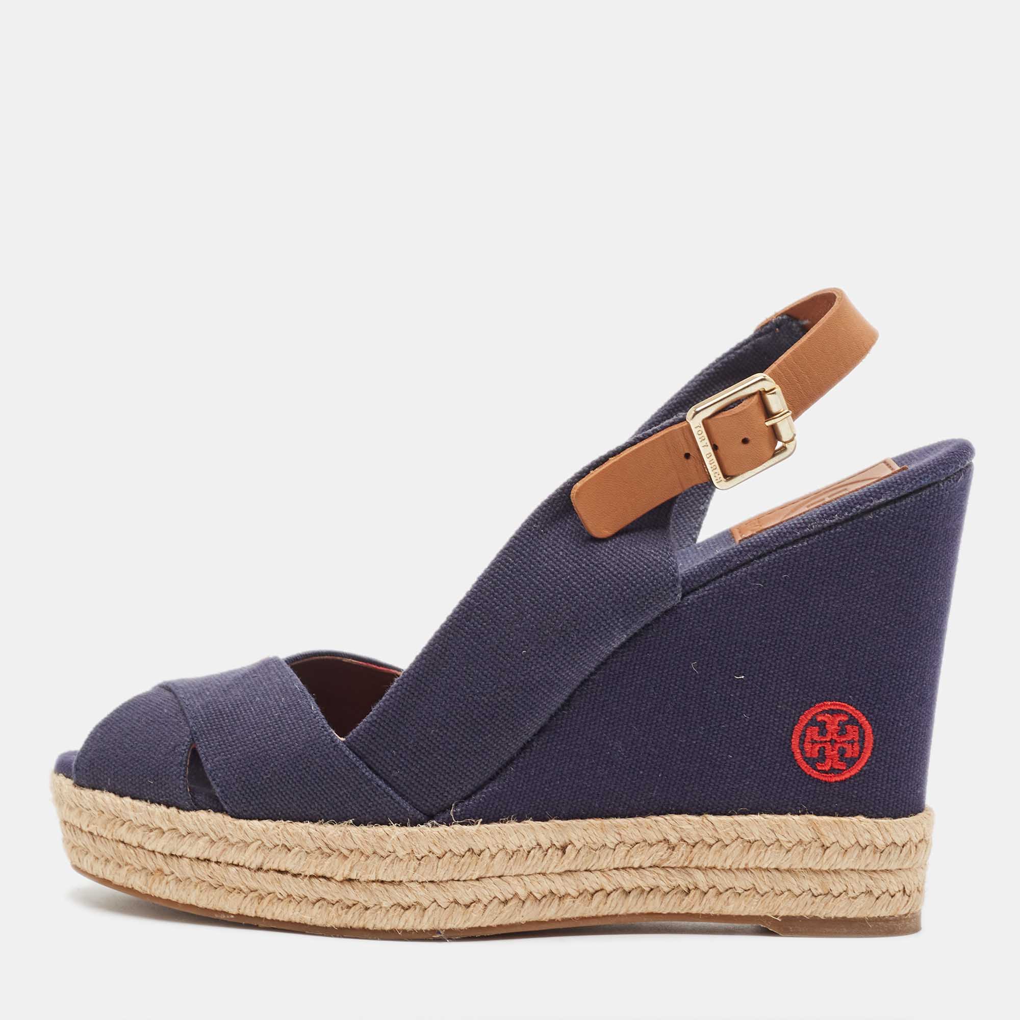 Tory burch navy blue denim espadrille wedge sandals size 38.5