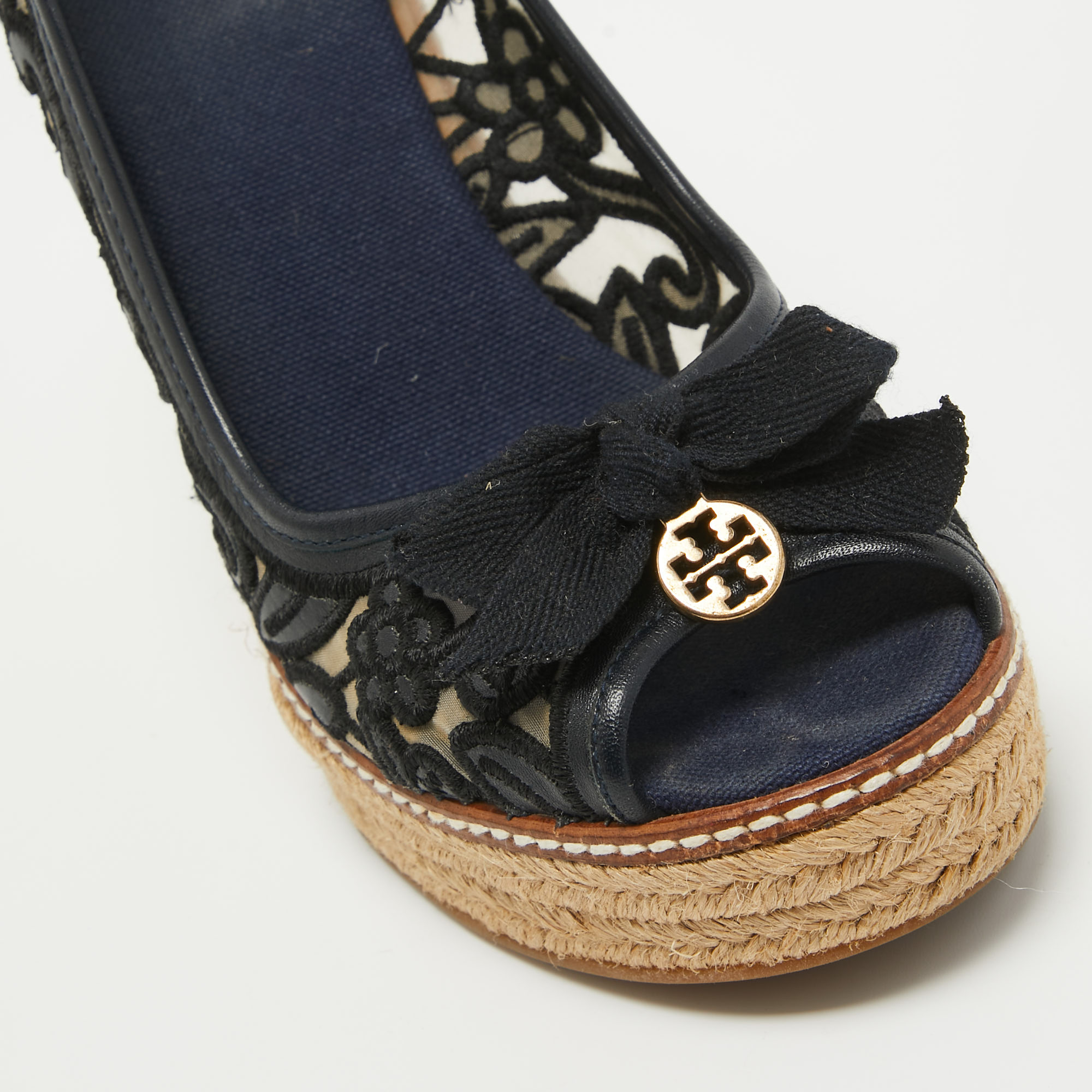 Tory Burch Black Leather Wedge Espadrille Pumps Size 36.5
