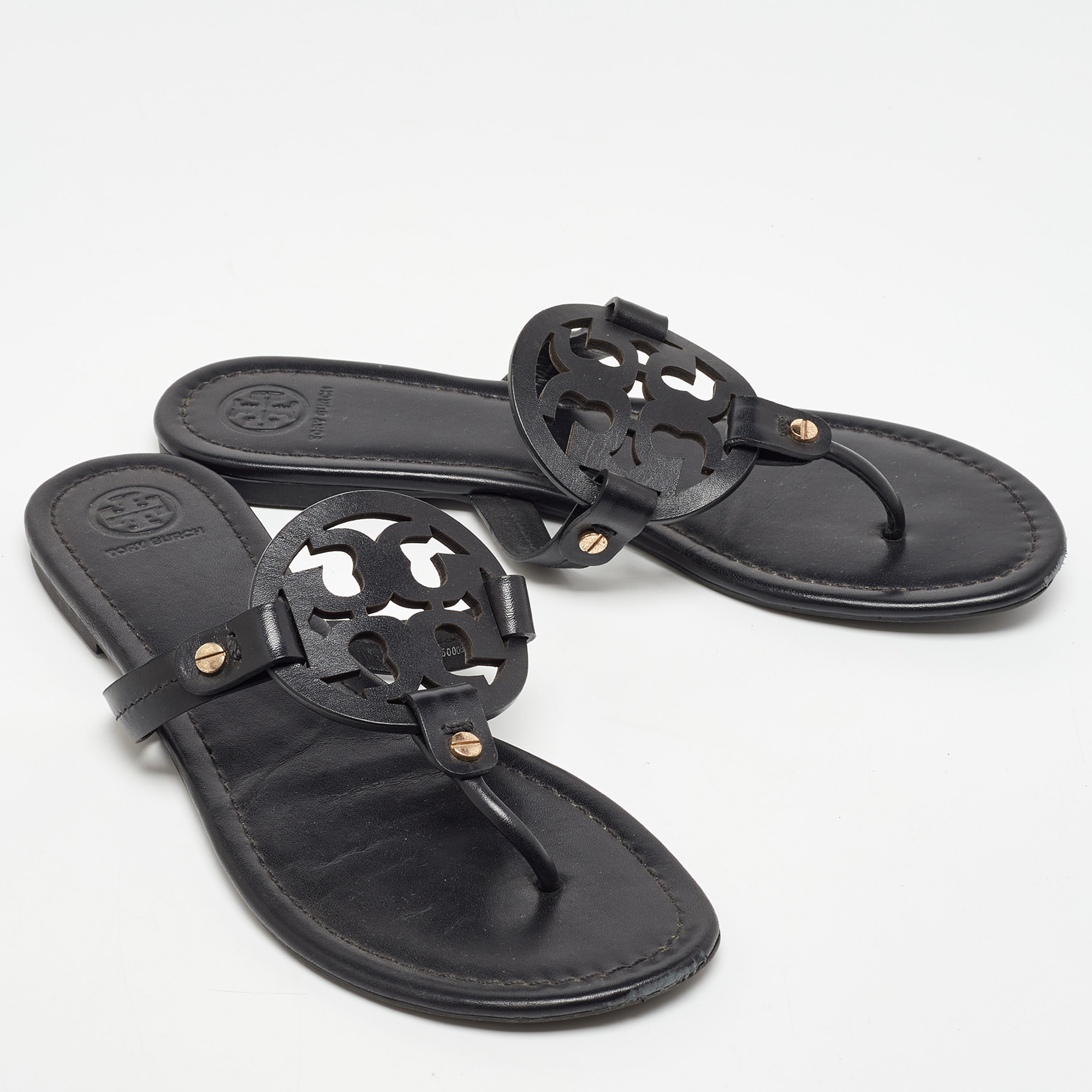 Tory Burch Black Leather Miller Flat Thong Sandals Size 39.5