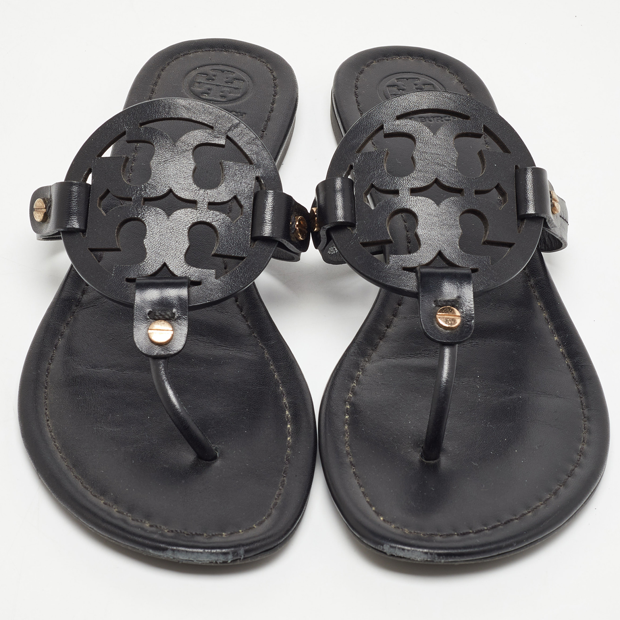 Tory Burch Black Leather Miller Flat Thong Sandals Size 39.5