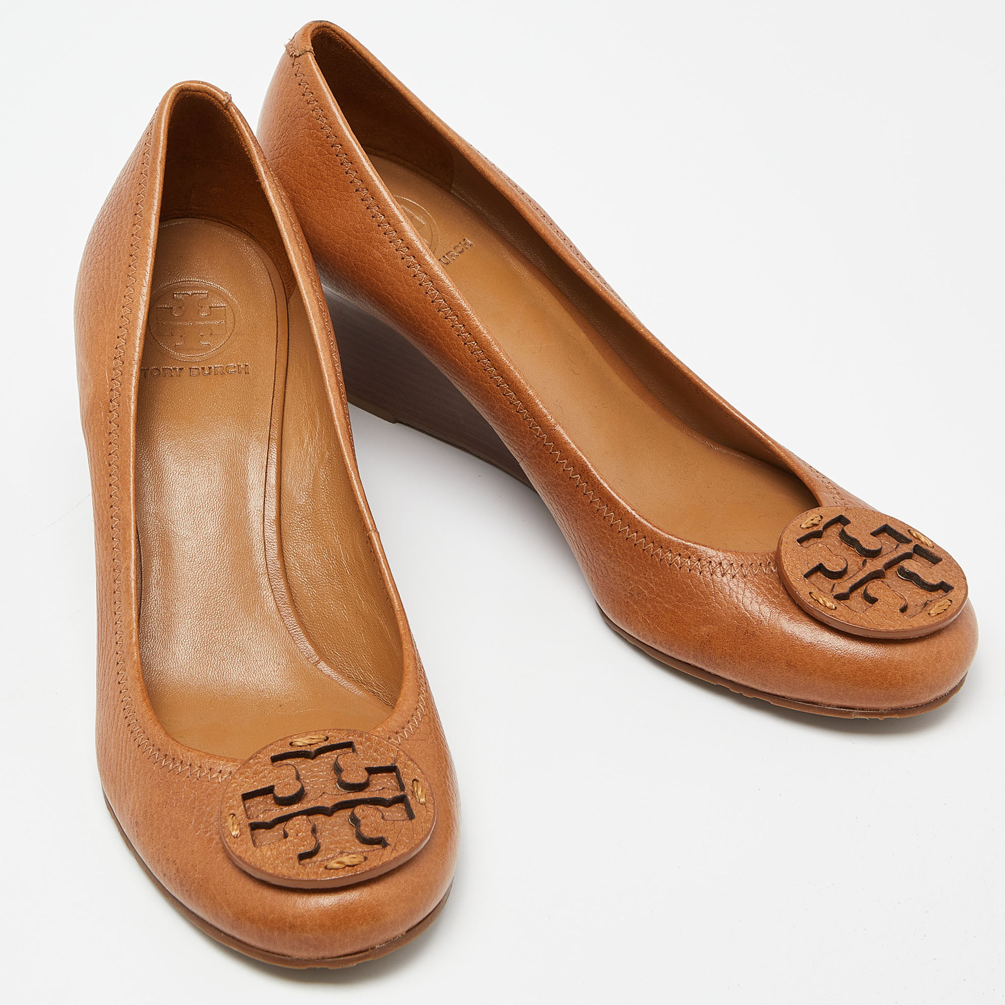Tory Burch Brown Leather Sally Wedge Pumps Size 40.5