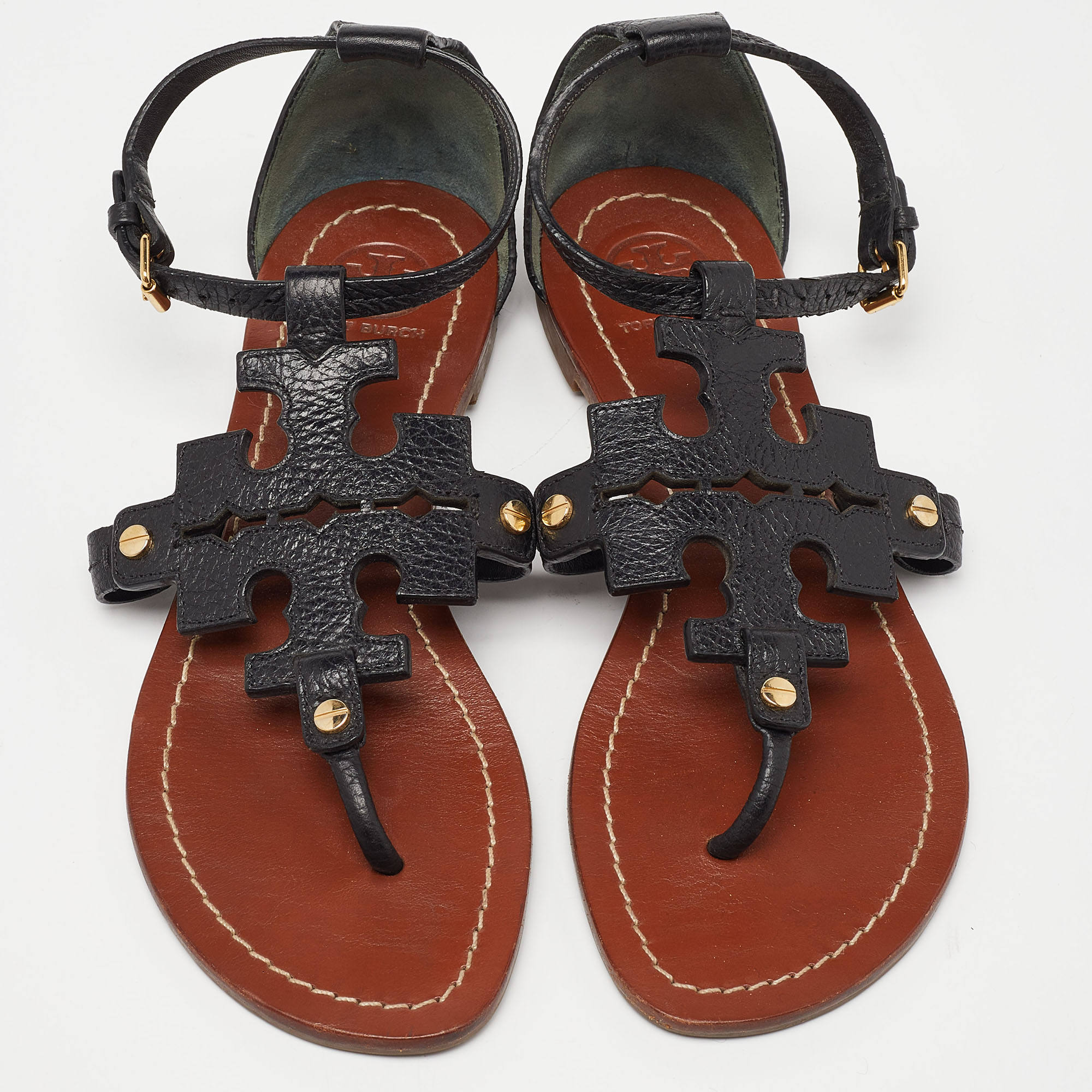 Tory Burch Black Leather Phoebe Flat Sandals Size 37.5