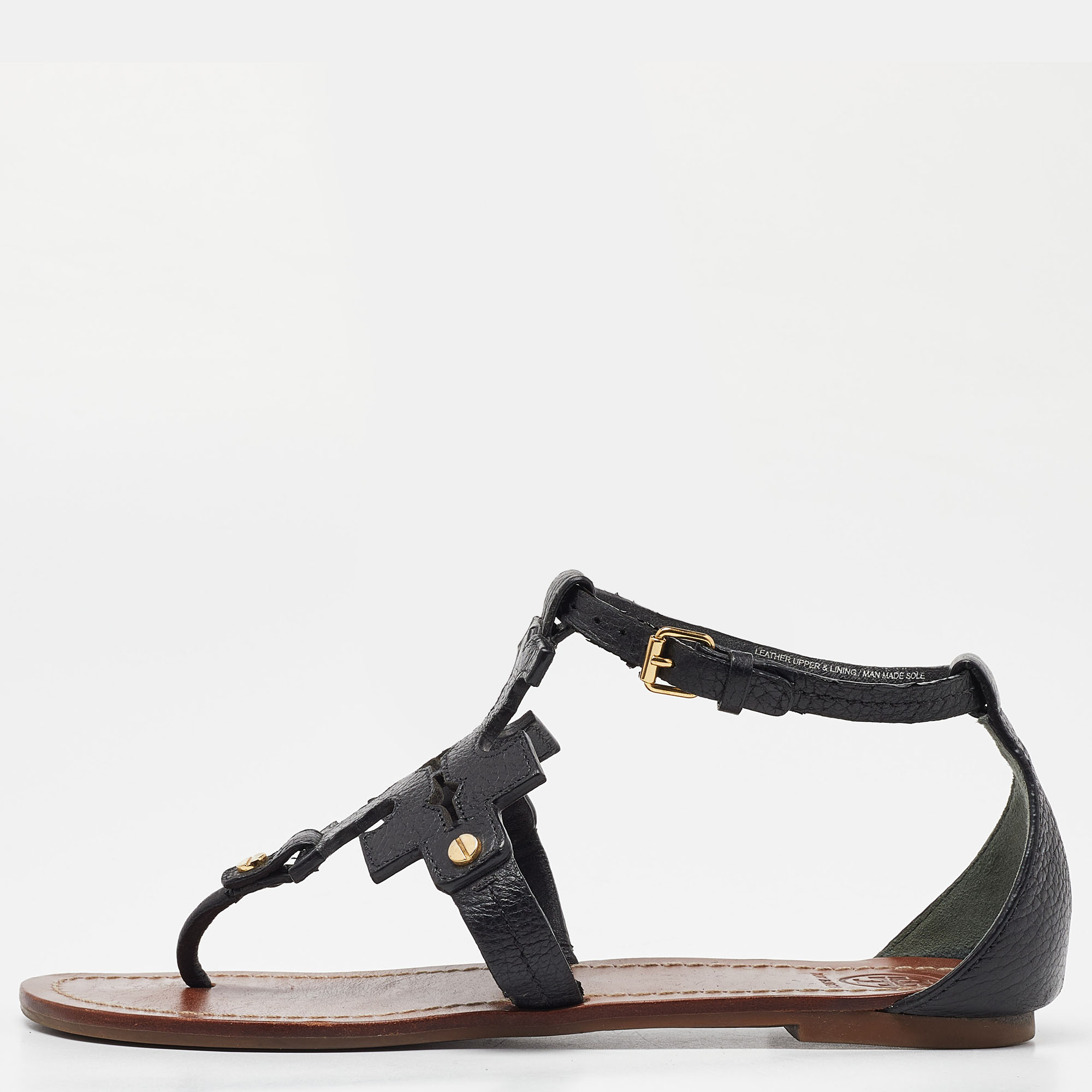 Tory Burch Black Leather Phoebe Flat Sandals Size 37.5