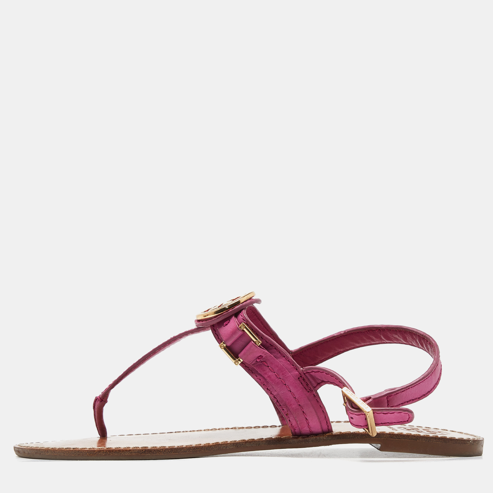 Tory burch pink leather logo detail thong slingback flat sandals size 41