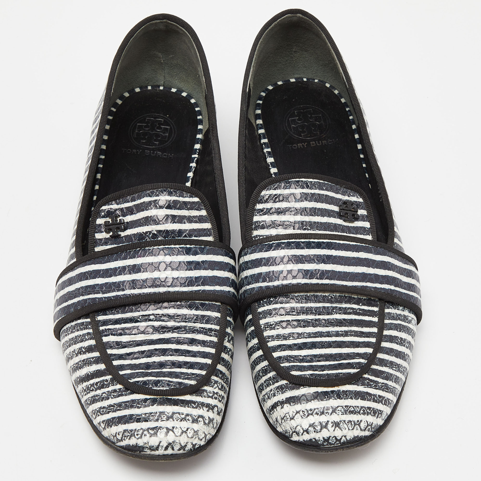 Tory Burch Blue/White Stripe Snakeskin Embossed Leather Smoking Slippers Size 38