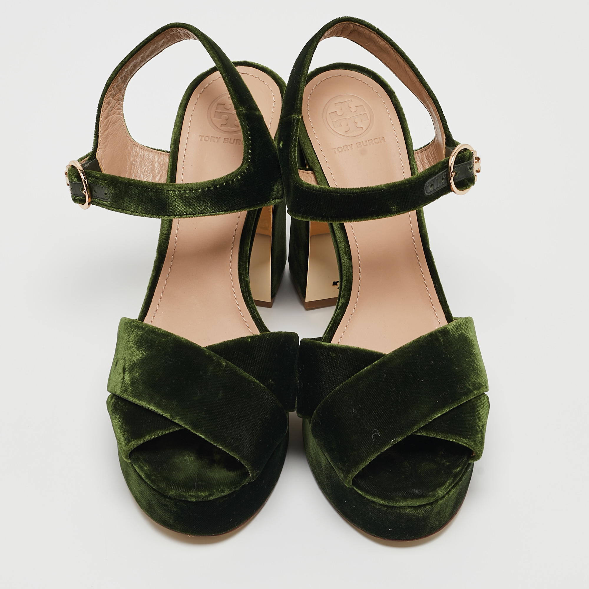 Tory Burch Dark Green Velvet Loretta Ankle Strap Sandals Size 38.5
