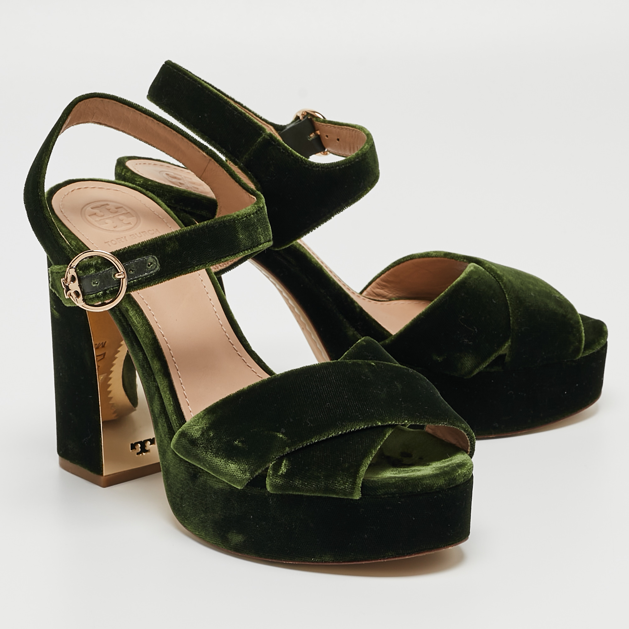 Tory Burch Dark Green Velvet Loretta Ankle Strap Sandals Size 38.5