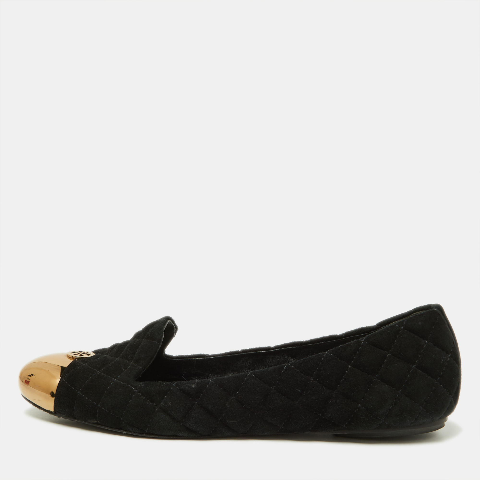 Tory Burch Black Quilted Suede Kaitlin Ballet Flats Size 41.5