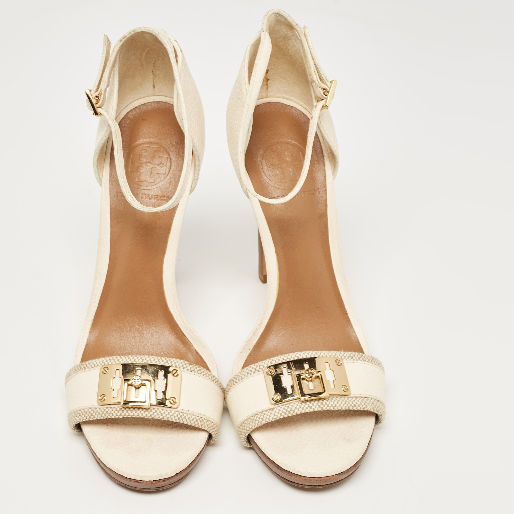 Tory Burch White Leather And Canvas Lock Ankle Strap Sandals Size 38.5