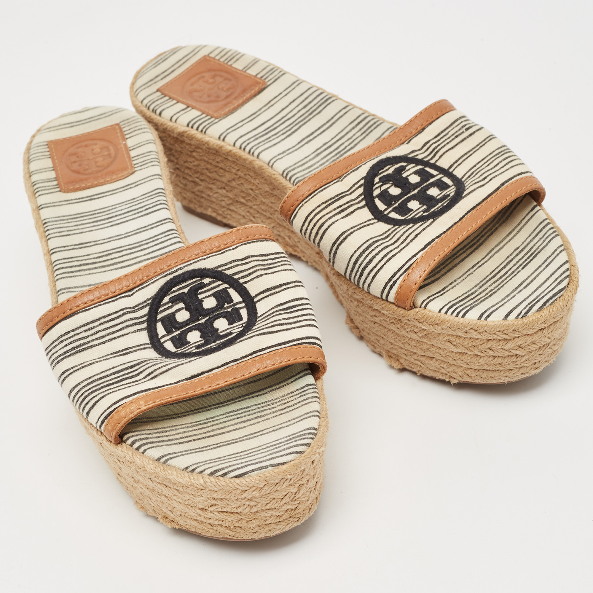 Tory Burch White/Brown Canvas And Leather Espadrille Platform Wedge Slide Sandals Size 37.5