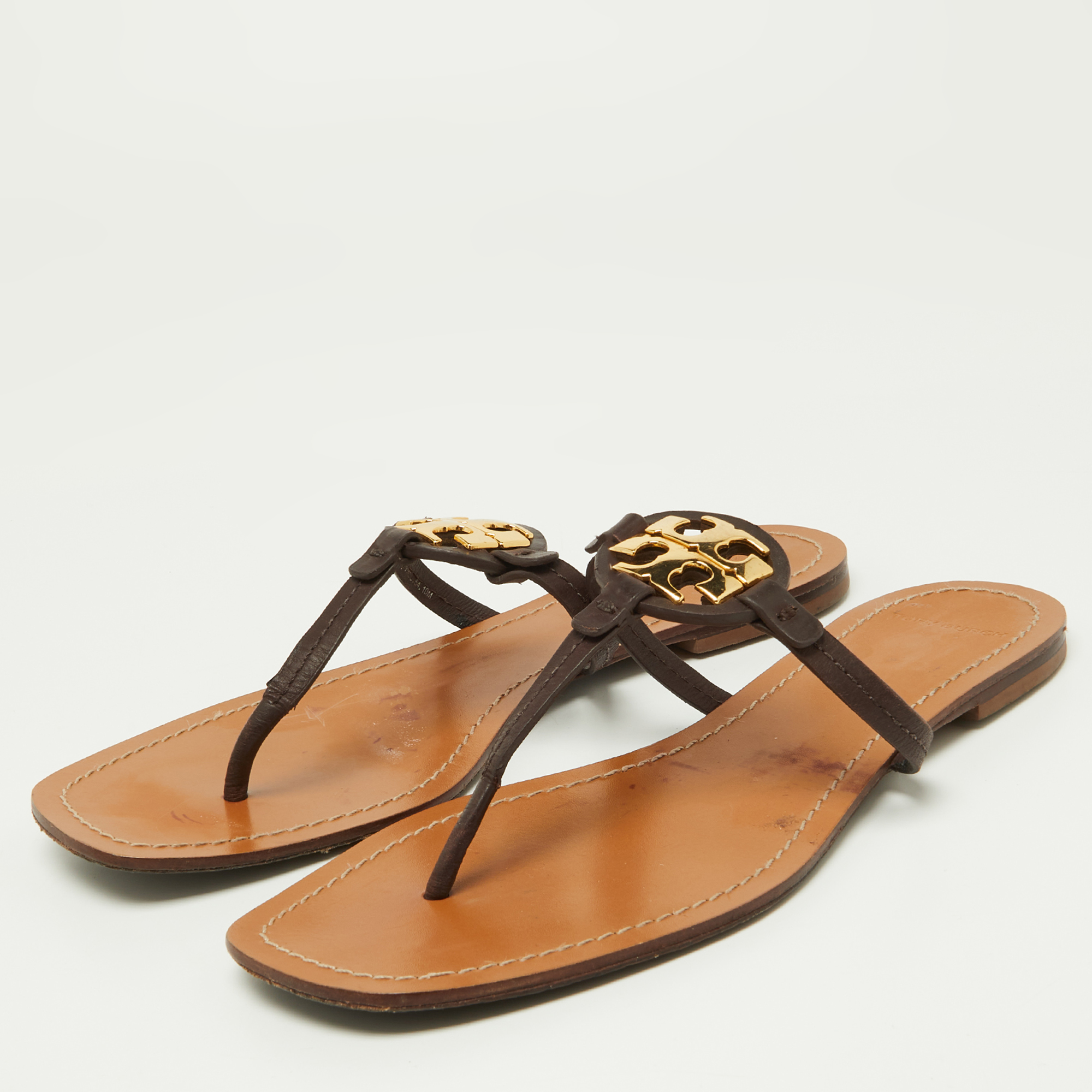 Tory Burch Brown Leather Miller Flat Thong Sandals Size 40.5