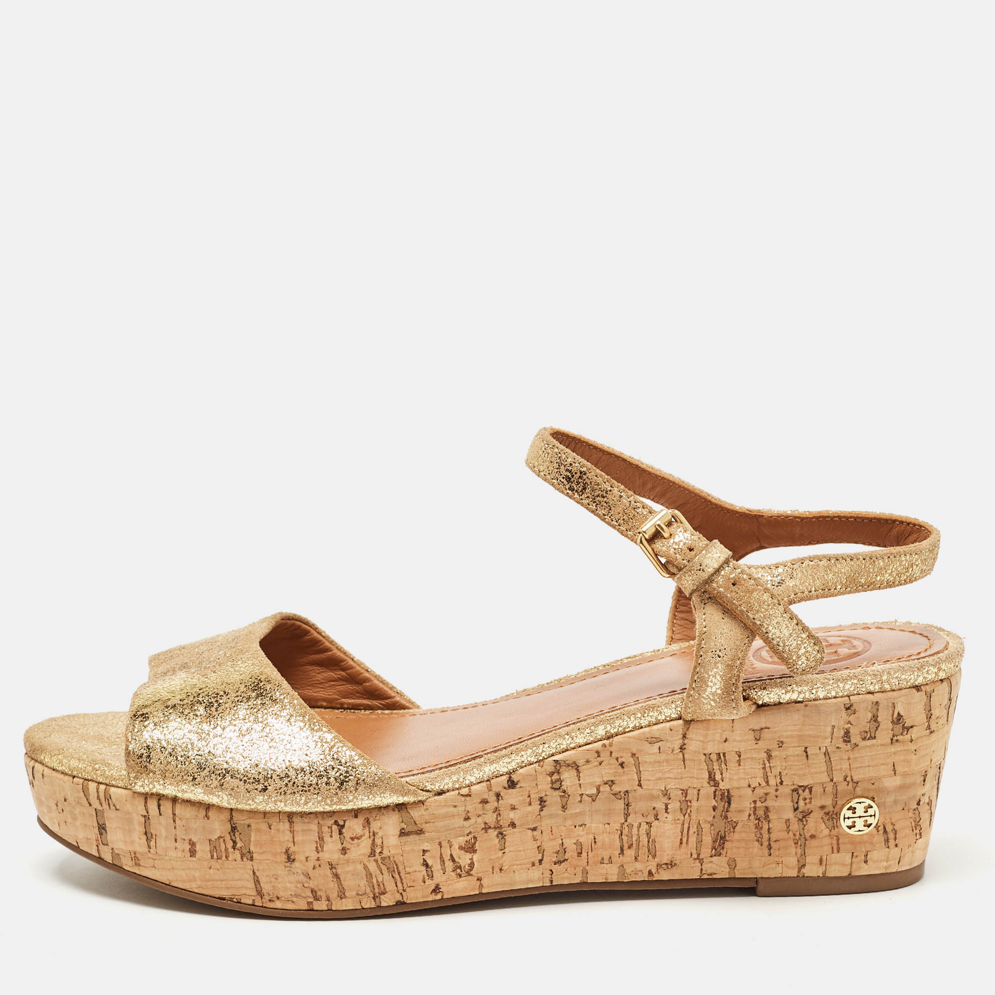 Tory burch gold texture suede wedge ankle strap sandals size 37.5