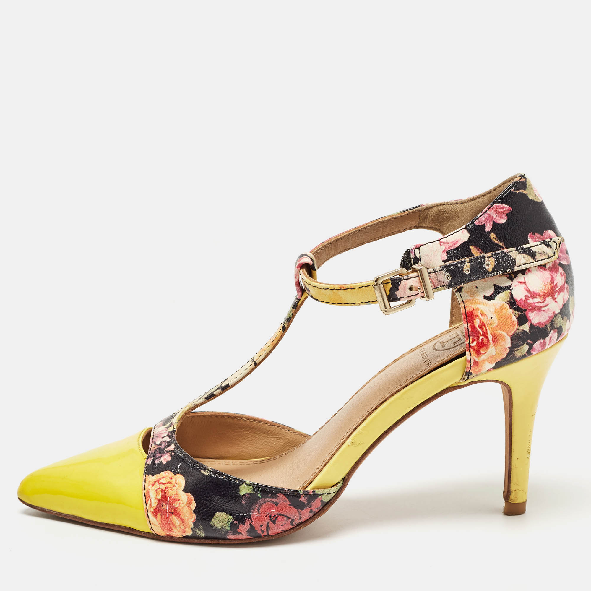 Tory burch multicolor floral print leather and patent ankle strap sandals size 36.5
