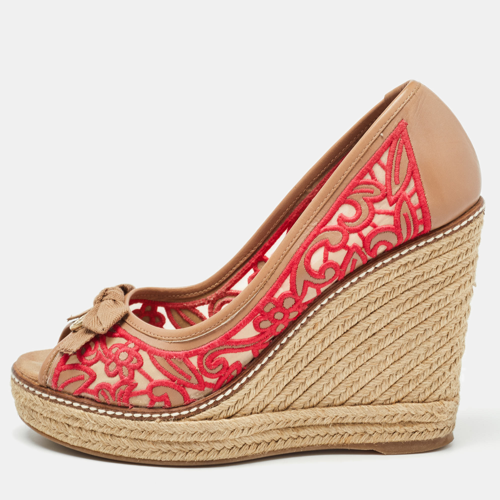 Tory burch brown/pink leather and embroidered fabric jackie espadrille wedge pumps size 37.5