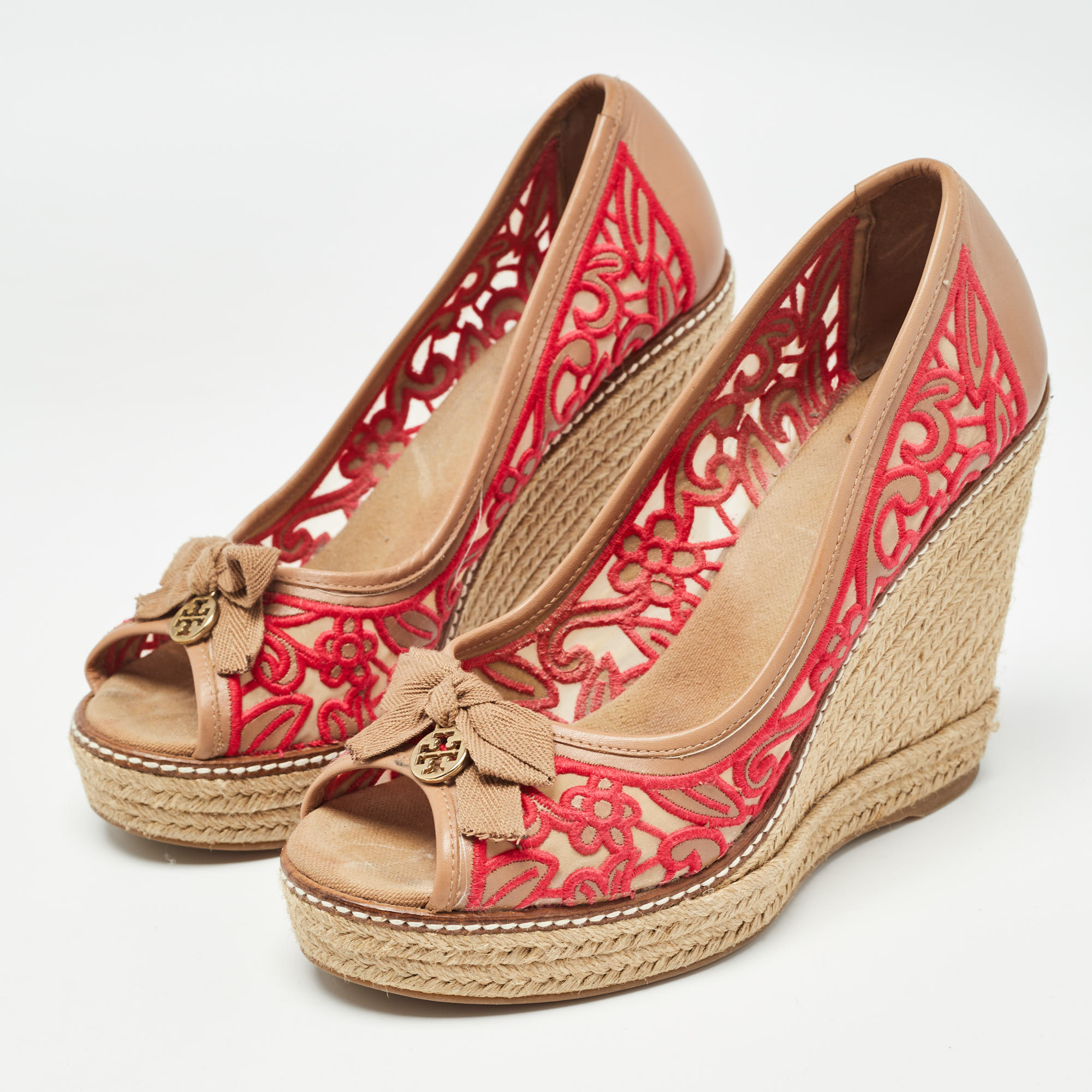 Tory Burch Brown/Pink Leather And Embroidered Fabric Jackie Espadrille Wedge Pumps Size 37.5