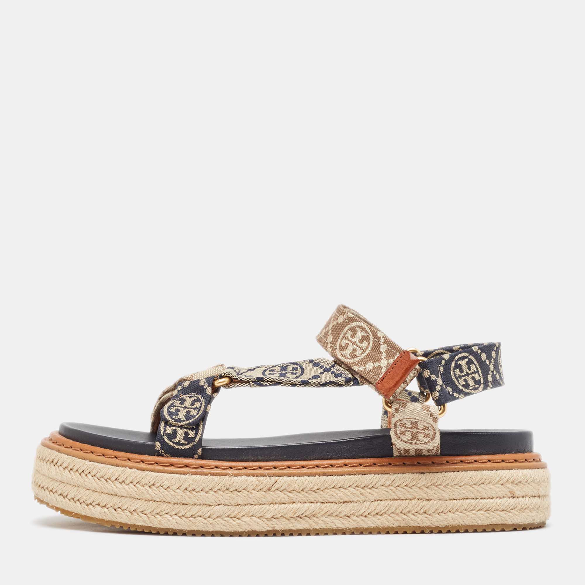 Tory burch blue/beige monogram canvas espadrille ankle strap flat sandals size 39