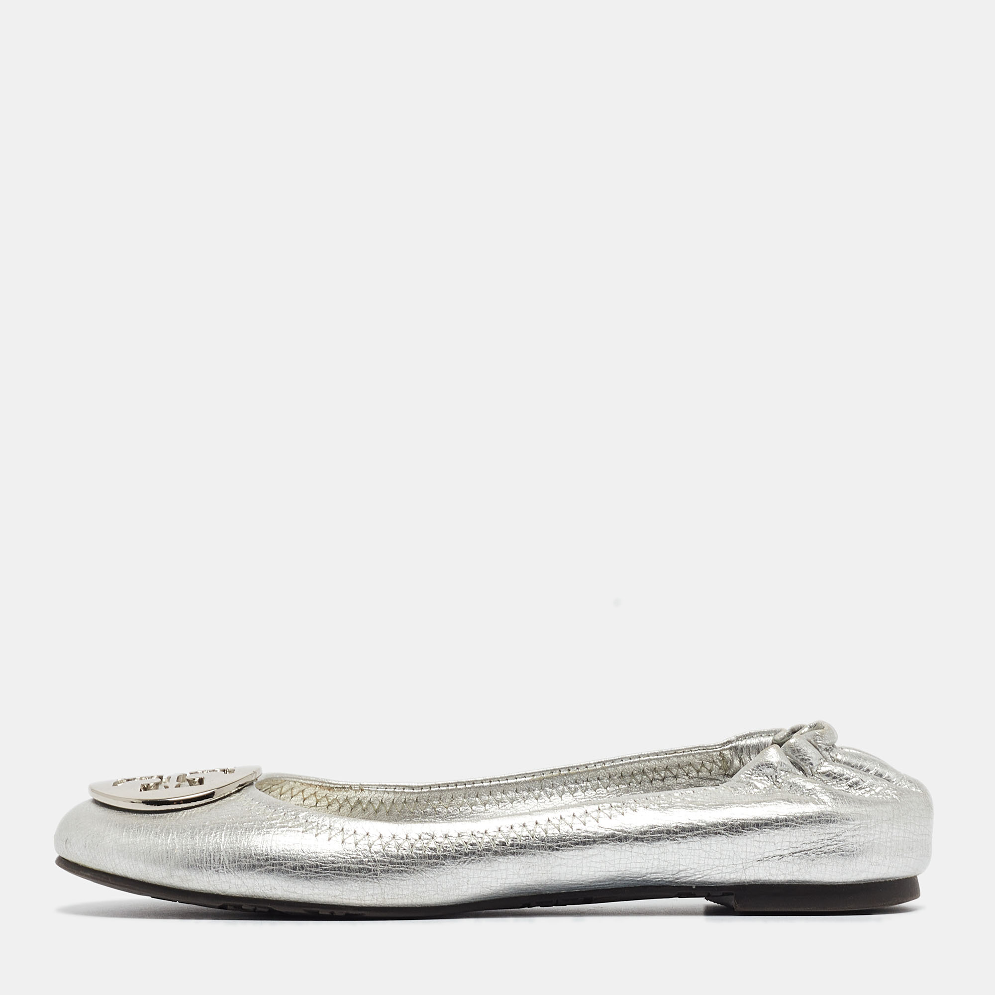 Tory burch silver leather reva scrunch ballet flats size 37