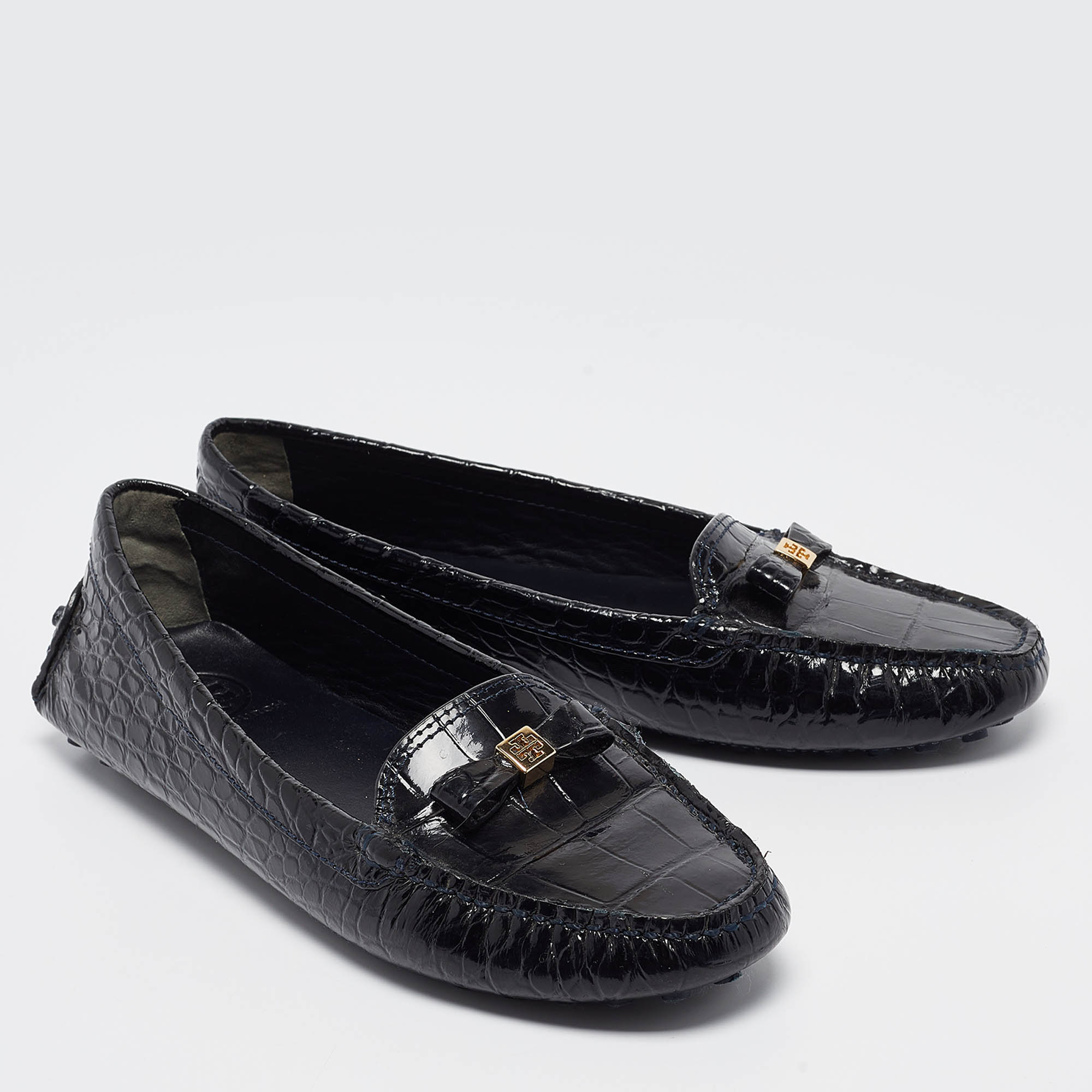 Tory Burch Navy Blue Croc Embossed Patent Leather Ludlow Loafers Size 39.5