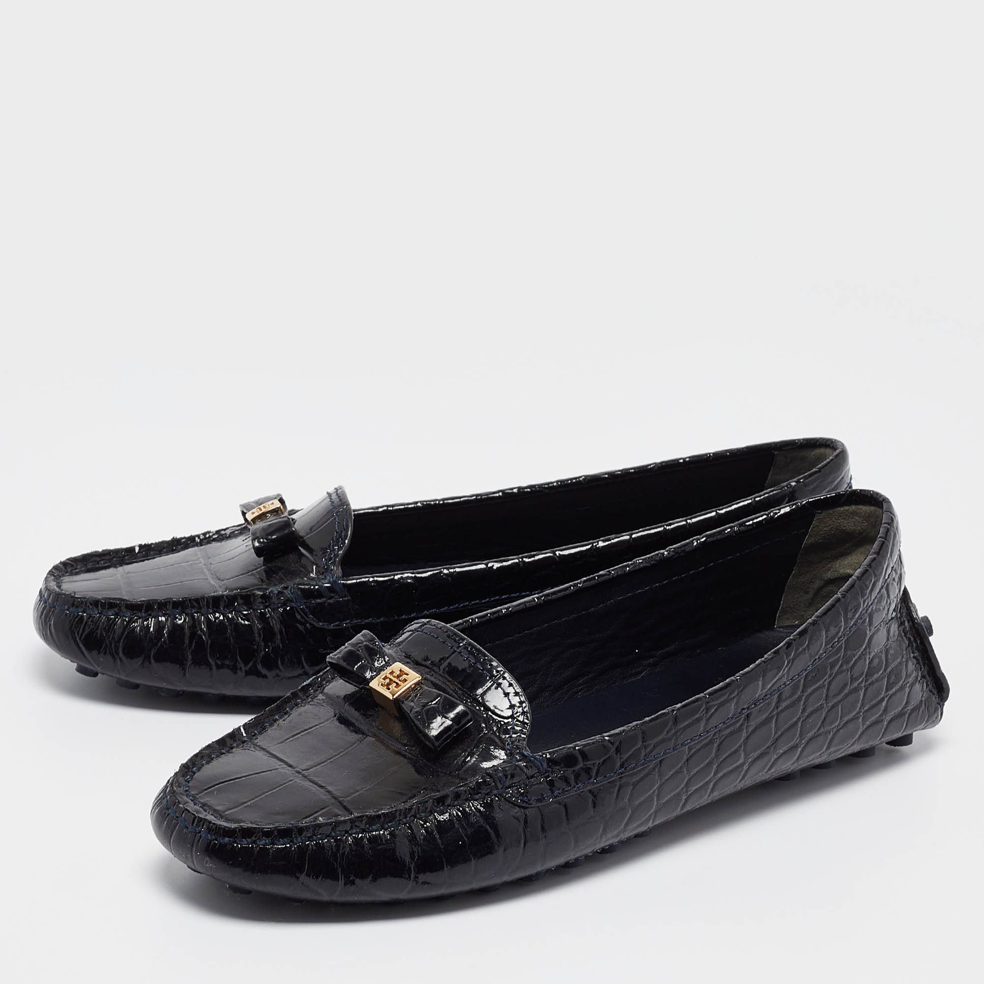 Tory Burch Navy Blue Croc Embossed Patent Leather Ludlow Loafers Size 39.5